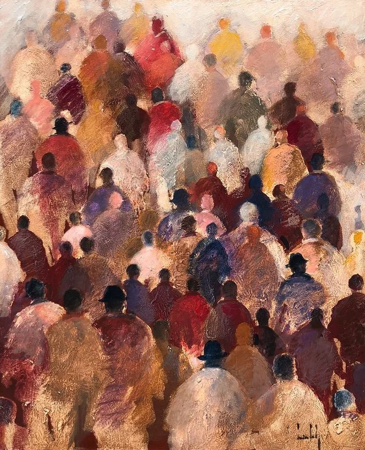 An abstract painting of numerous people walking or standing, depicted with varied colors and impressionistic brushstrokes.