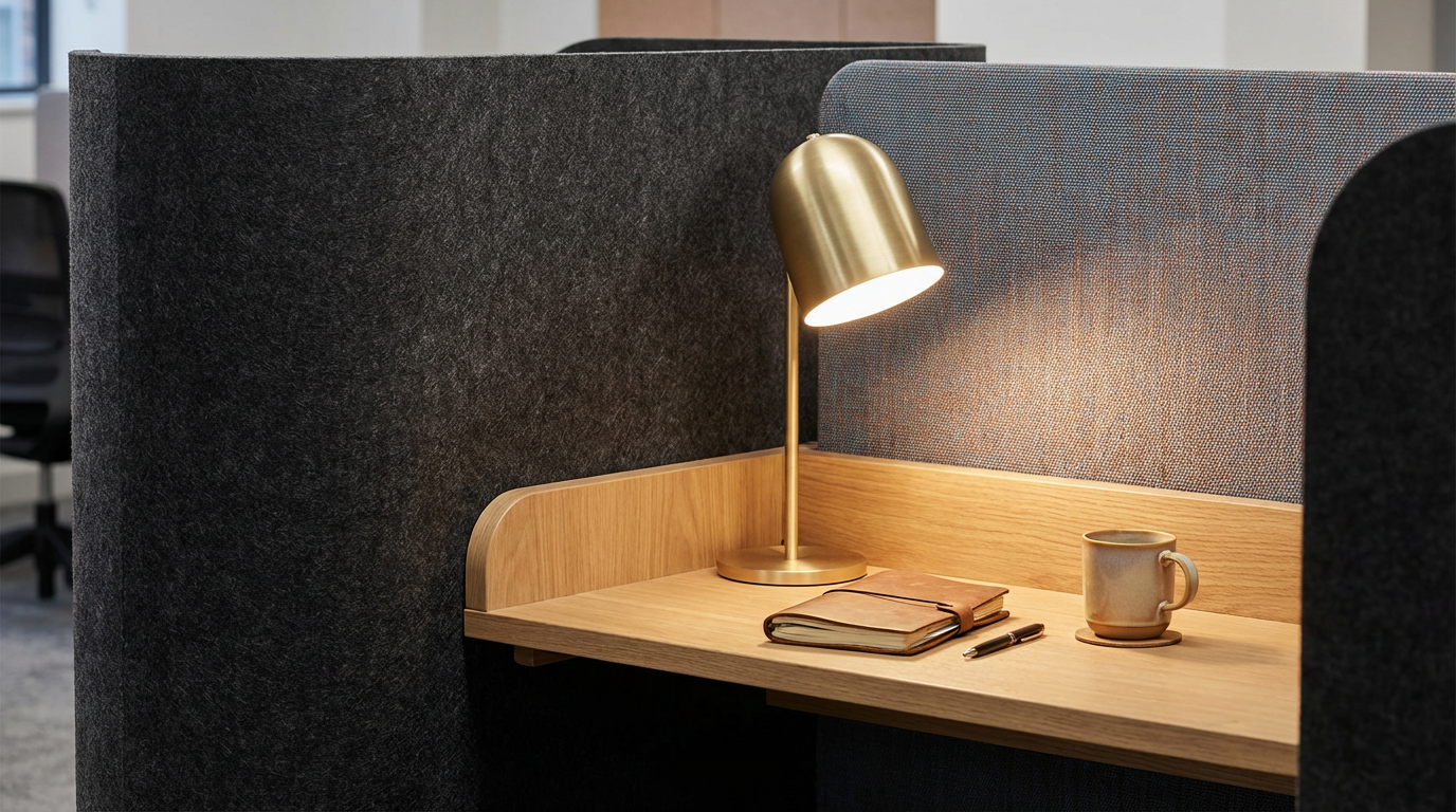 A cozy office workspace with a wooden desk, a gold desk lamp, a closed notebook, two pens, and a ceramic mug, surrounded by fabric-covered privacy panels.