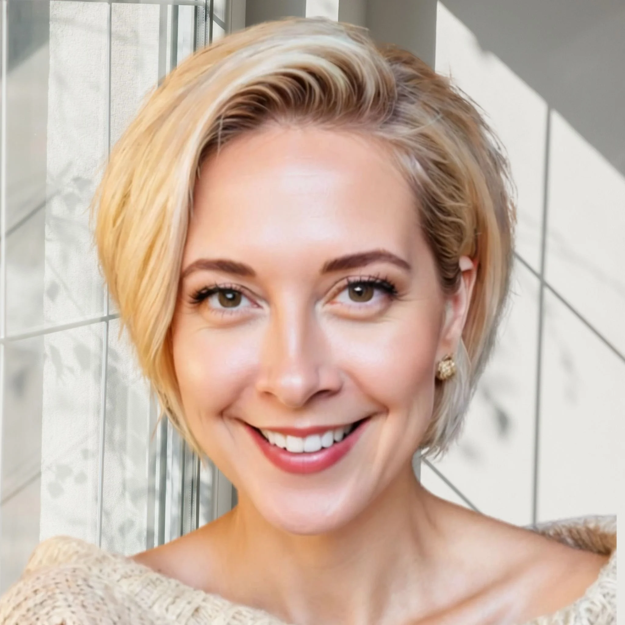 Close-up of a smiling woman with blonde hair, green eyes, and makeup, wearing an off-shoulder light-colored top, indoors against a white background with vertical lines.