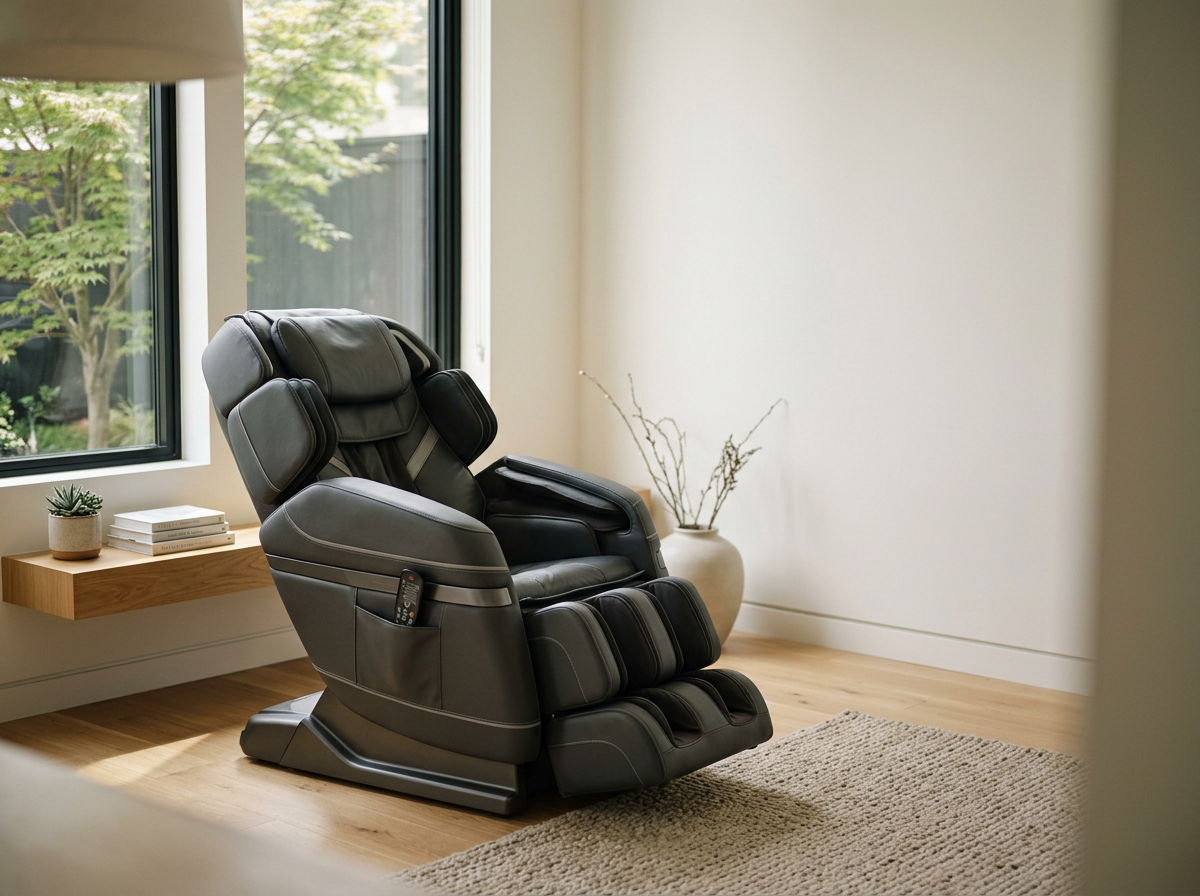 A black massage chair in a bright, minimalist room with wooden floors, a beige rug, a large window, a small plant, and a stack of books on a wooden shelf.