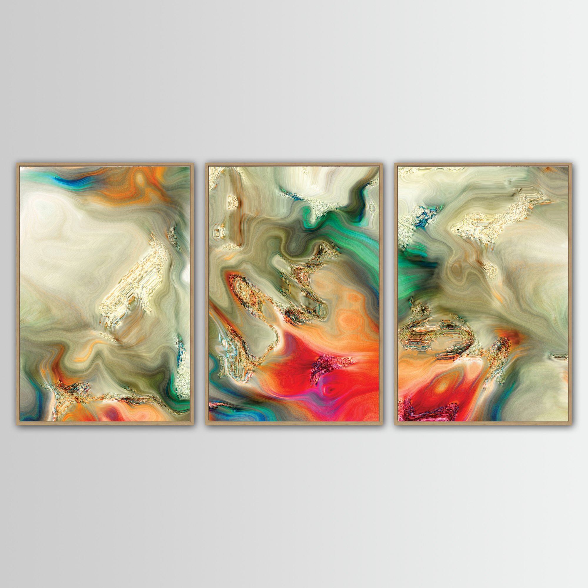 Abstract fine art triptych with liquid textures in earth tones, cream, and sage green, red and orange with metallic accents, framed and ready to hang. With wooden frame