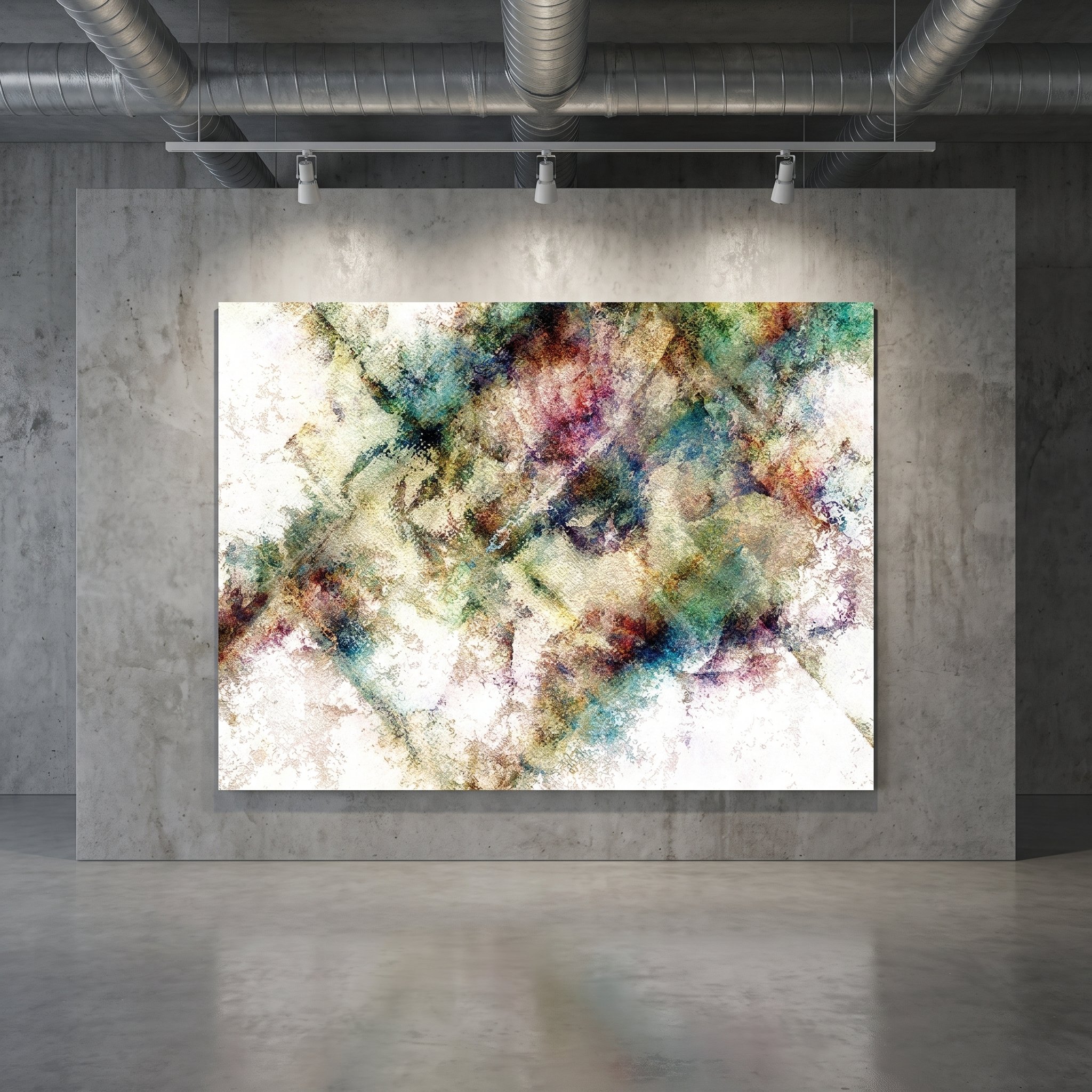 Large abstract painting in shades of green and ochre displayed on a concrete wall in an industrial-style gallery with exposed pipes and track lighting.