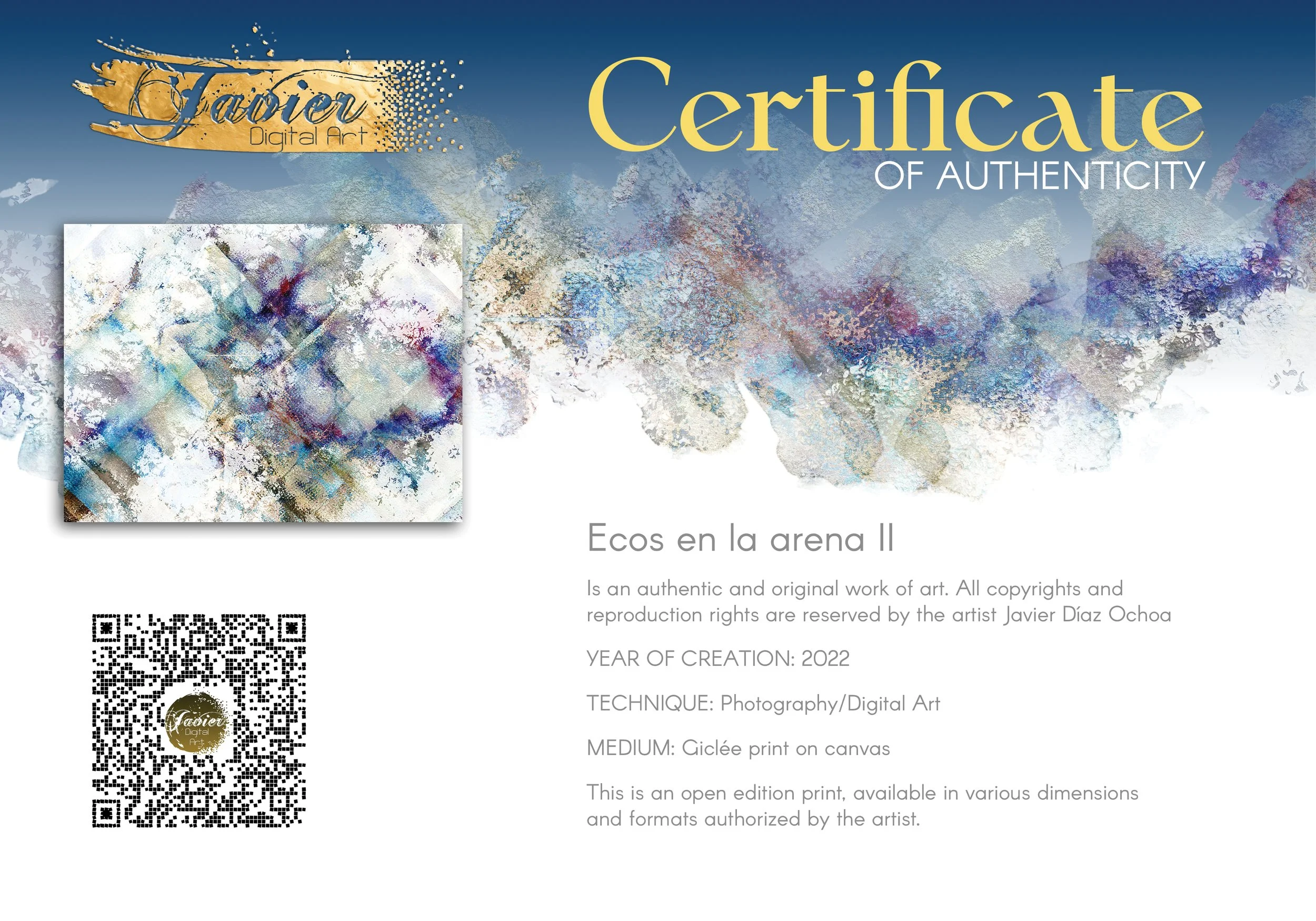 Abstract art watercolor textures and subtle geometric patterns in blue, purple, and beige tones on a bright white background, framed and ready to hang. Certificate of Authenticity