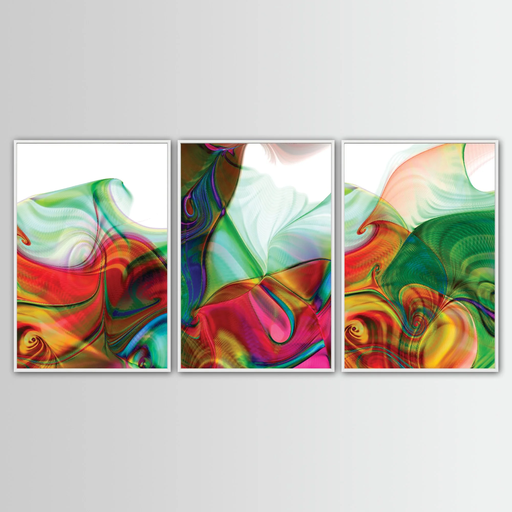 Abstract triptych with swirling fluid shapes and line patterns in vibrant crimson red, magenta, and emerald green over white background, framed and ready to hang. With white frame
