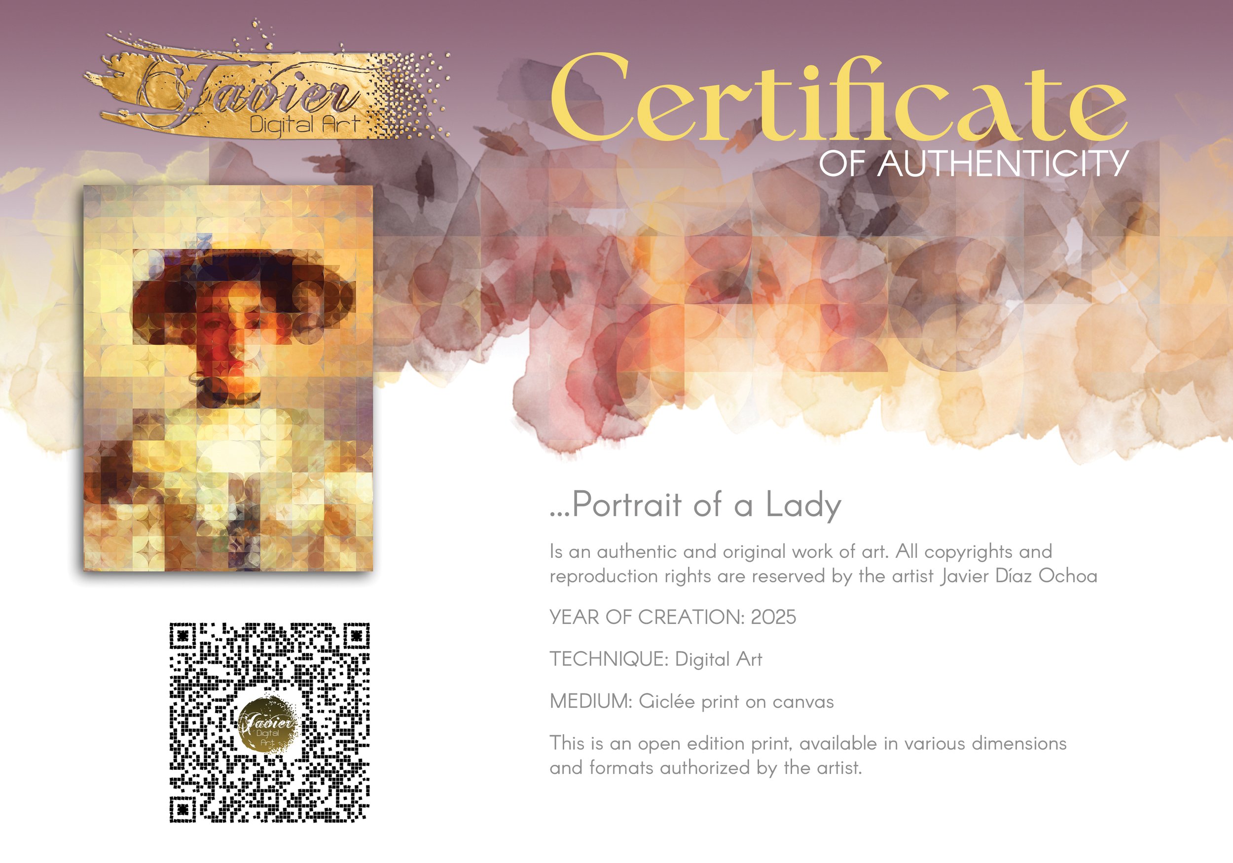 Contemporary art of a classical portrait of a lady with hat, on a geometric grid of circular patterns in bright gold, cream, and beige tones, framed and ready to hang. Certificate of Authenticity
