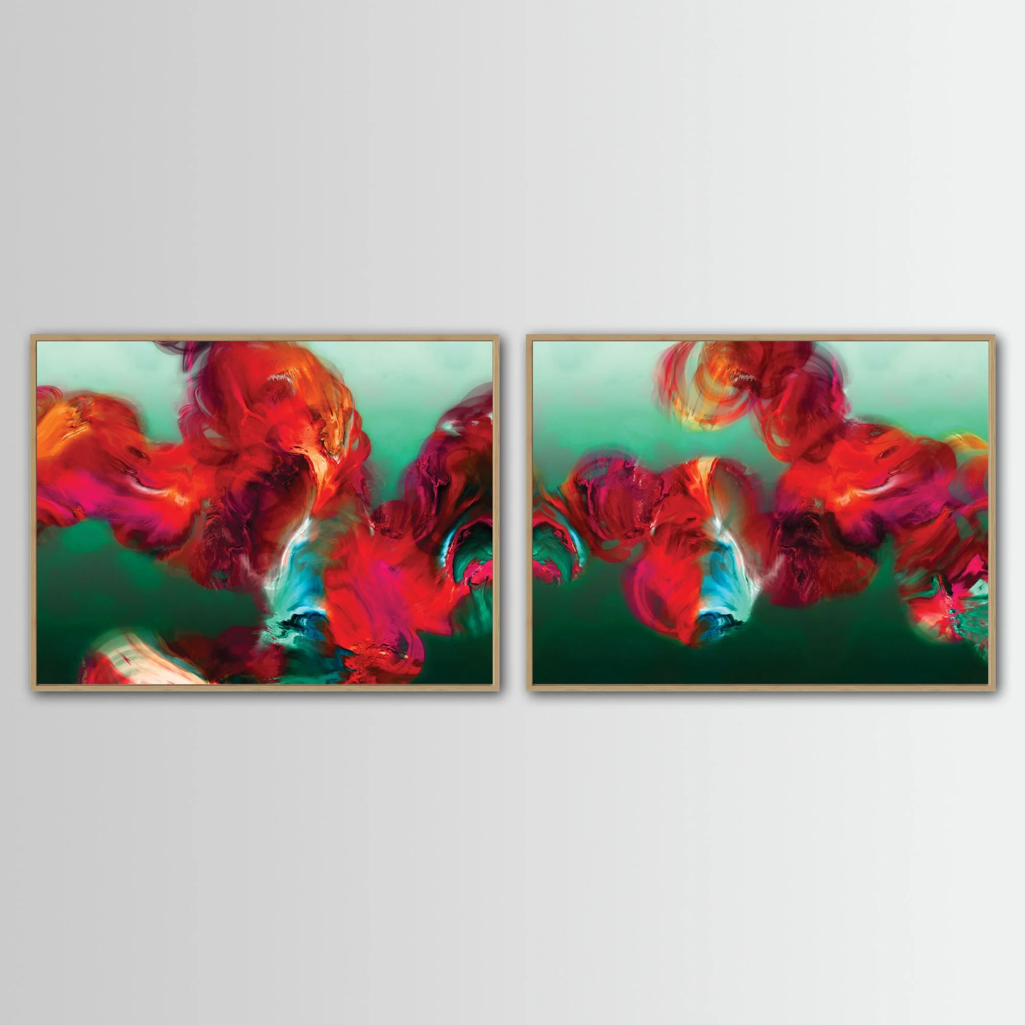 Abstract diptych with textured, cloud-like fluid shapes in fiery red, magenta, and bright ocher against a deep emerald green and teal background, framed and ready to hang. With wooden frame