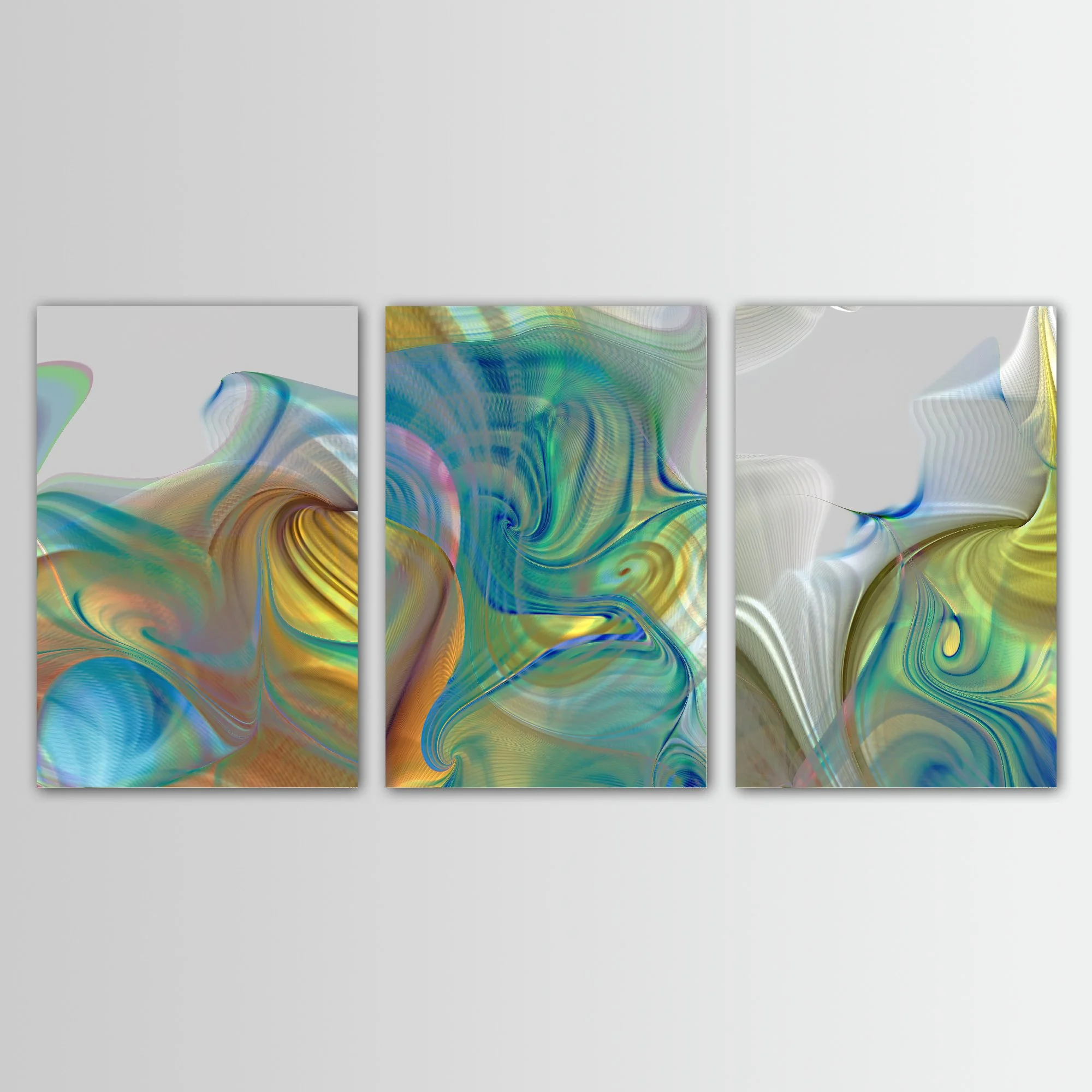 Abstract triptych with swirling fluid shapes and intricate wave line patterns in teal, turquoise, and metallic gold tones over a gray background, framed and ready to hang.