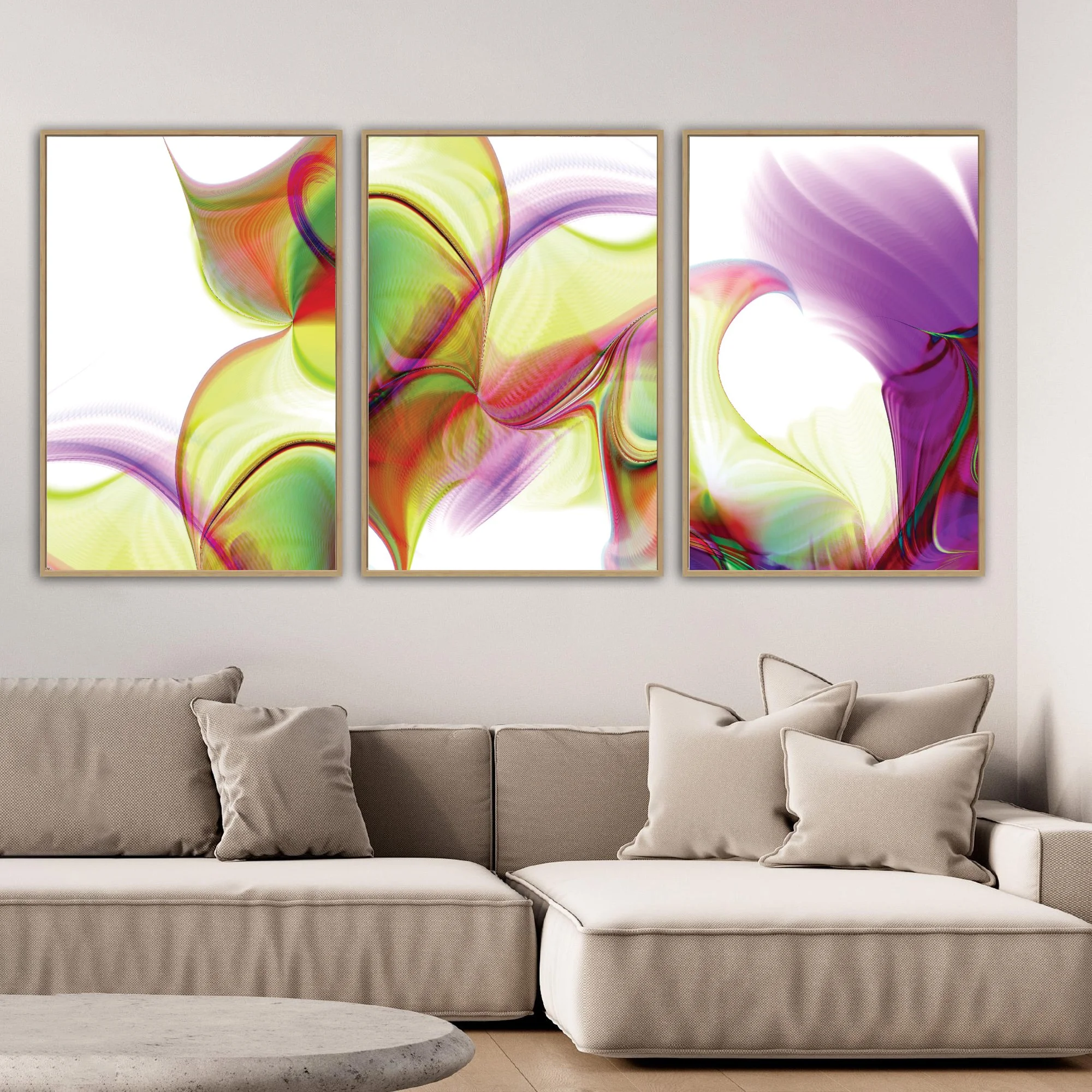 Abstract fine art triptych with, wave patterns and fine line structures in violet, lavender, and lime green over a white background, framed and ready to hang. Over grey couch