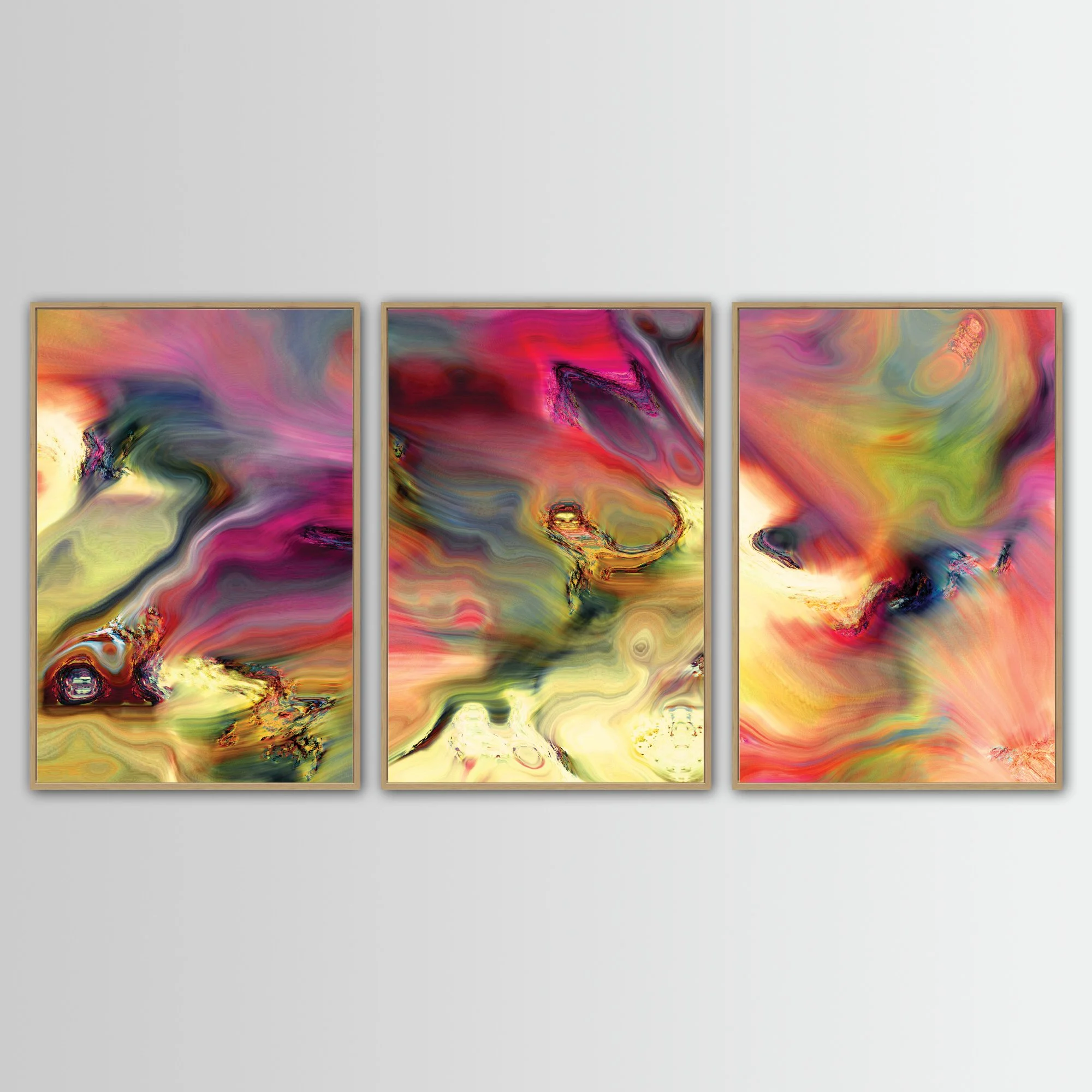 Abstract fine art triptych with swirling psychedelic liquid marble textures in vibrant magenta, ocher yellow, and wine red tones over a warm background, framed and ready to hang. With wooden frame
