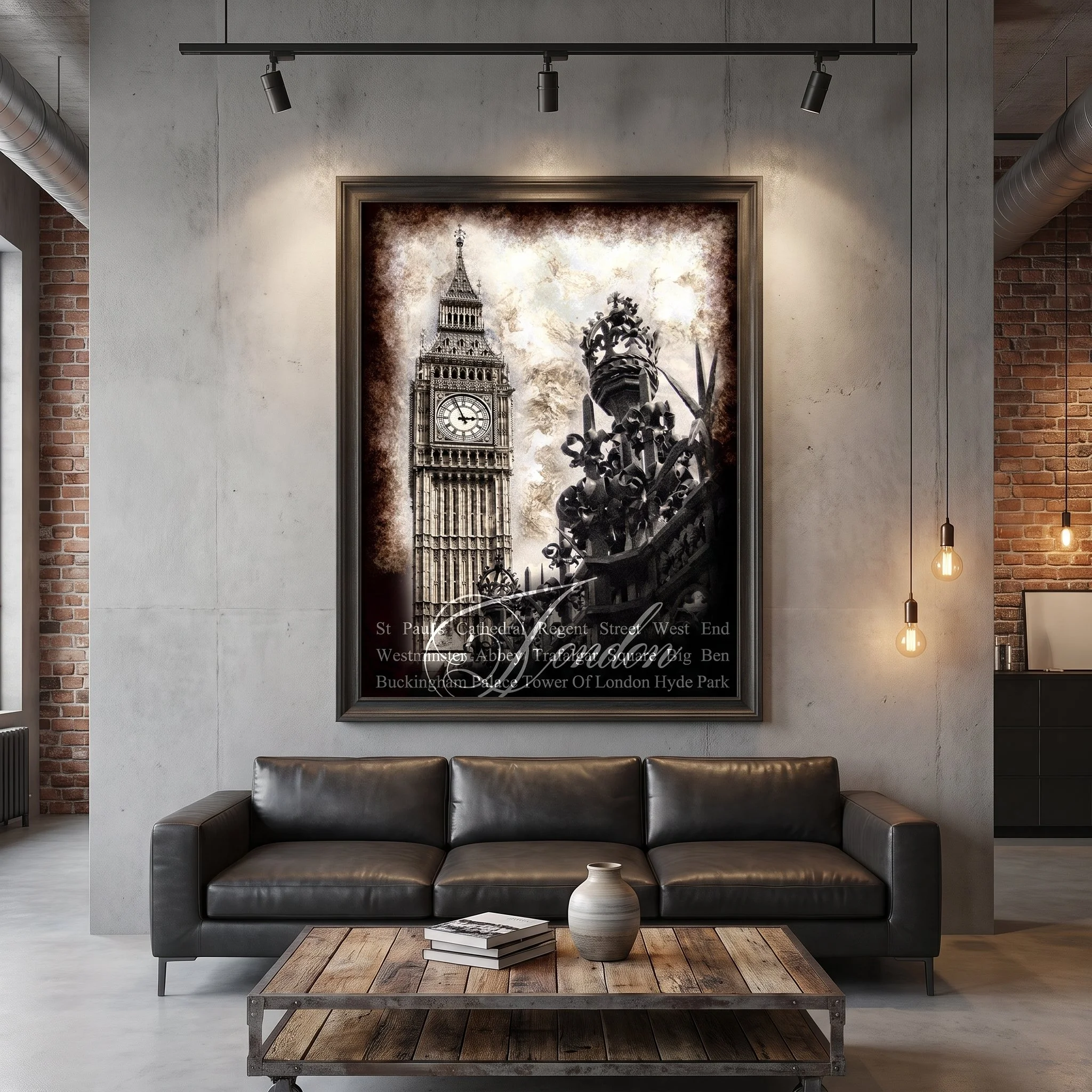 Large art fine art print of London Big Ben hanging on a concrete wall in an industrial loft with exposed brick, a black leather sofa, and track lighting