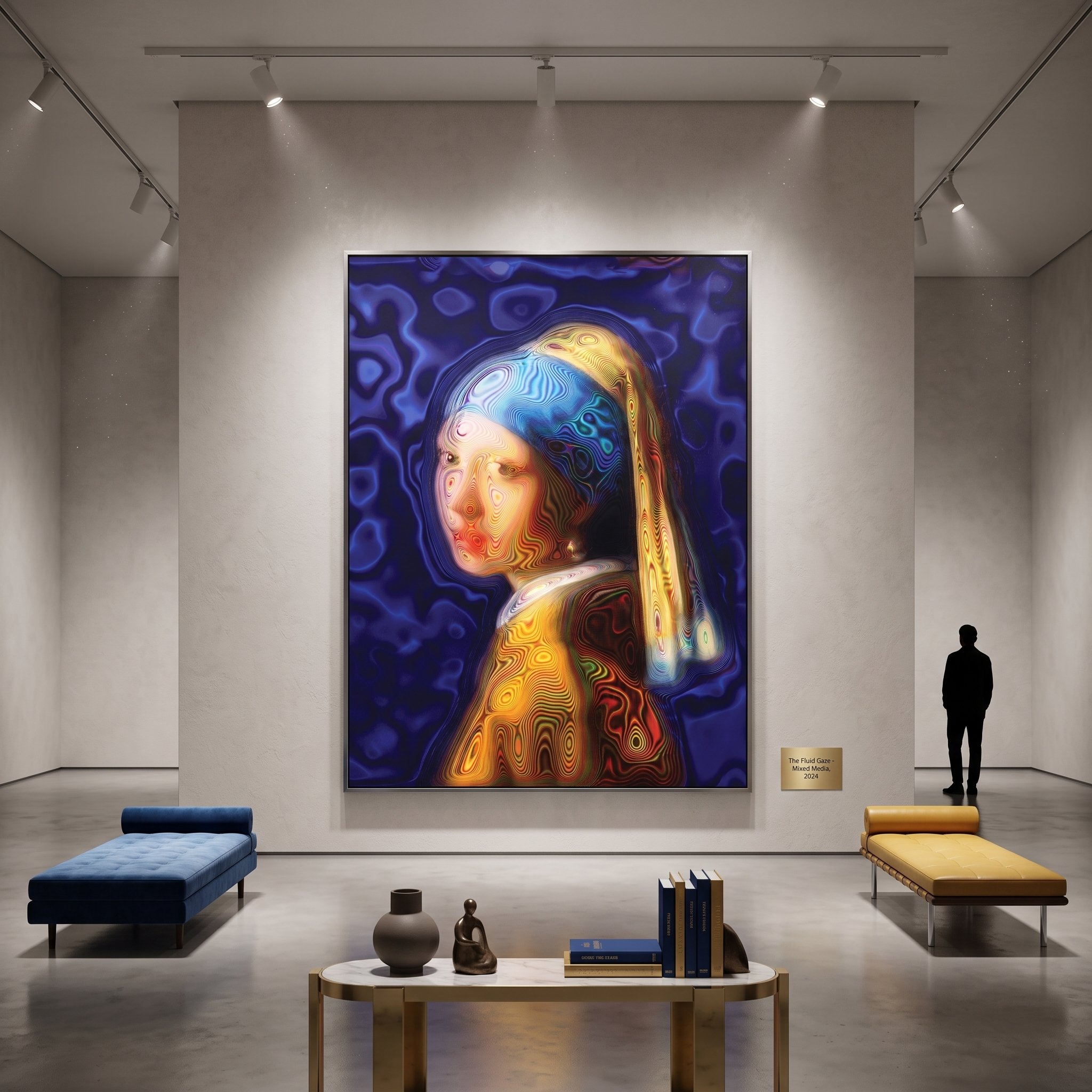 Large canvas art with a wavy, colorful modern interpretation of a classic portrait hanging in a luxury gallery space with track lighting, minimalist daybeds, and concrete floors.