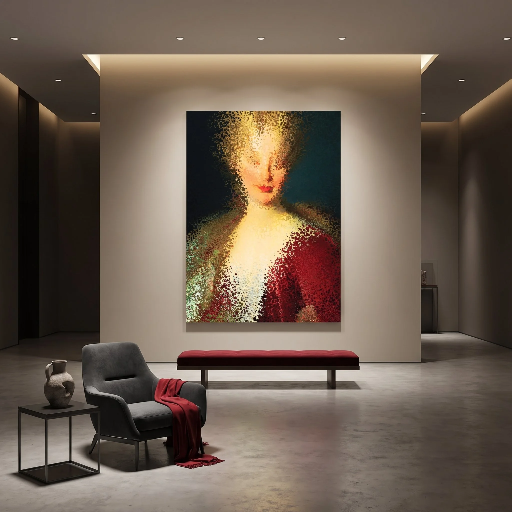 Large canvas art with a textured, pixelated classic portrait hanging in a luxury lobby featuring a grey armchair, a red bench, and concrete floors with recessed lighting.