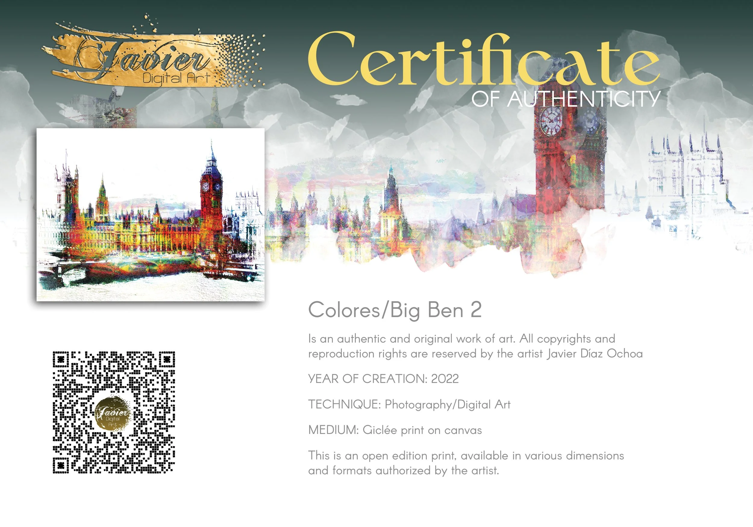 Expressionist art of London's Houses of Parliament and Big Ben featuring high-contrast multicolor textures on a bright white background, framed and ready to hang. Certificate of Authenticity