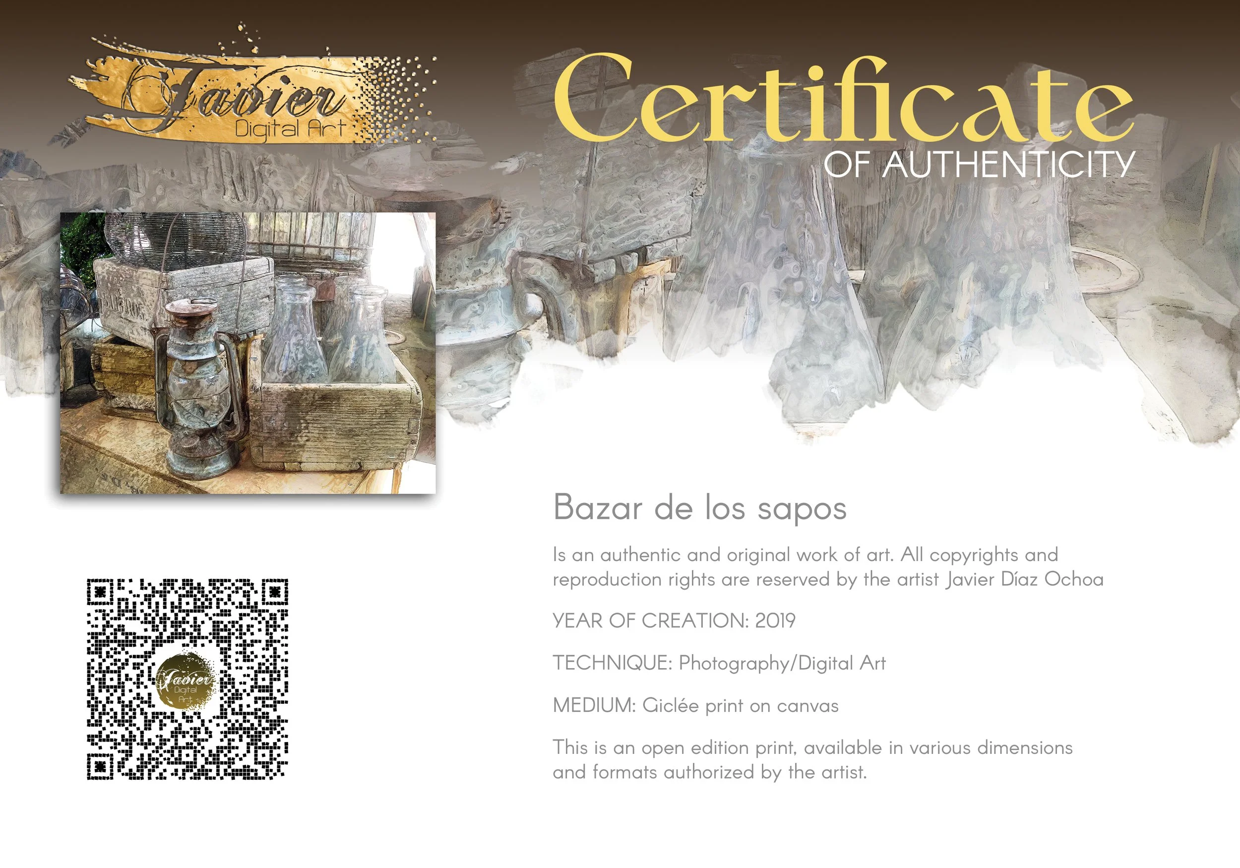Vintage fine art print of an antique kerosene lantern, glass bottles in a rustic wooden crate, and weathered textures in warm neutral tones, framed and ready to hang. Certificate of Authenticity