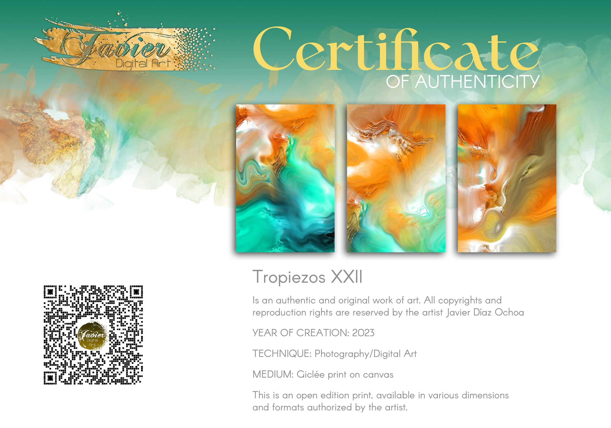 Abstract fine art triptych with flowing liquid marble textures in orange, ocher, and teal green tones, over a bright background, framed and ready to hang. Certificate of Authenticity