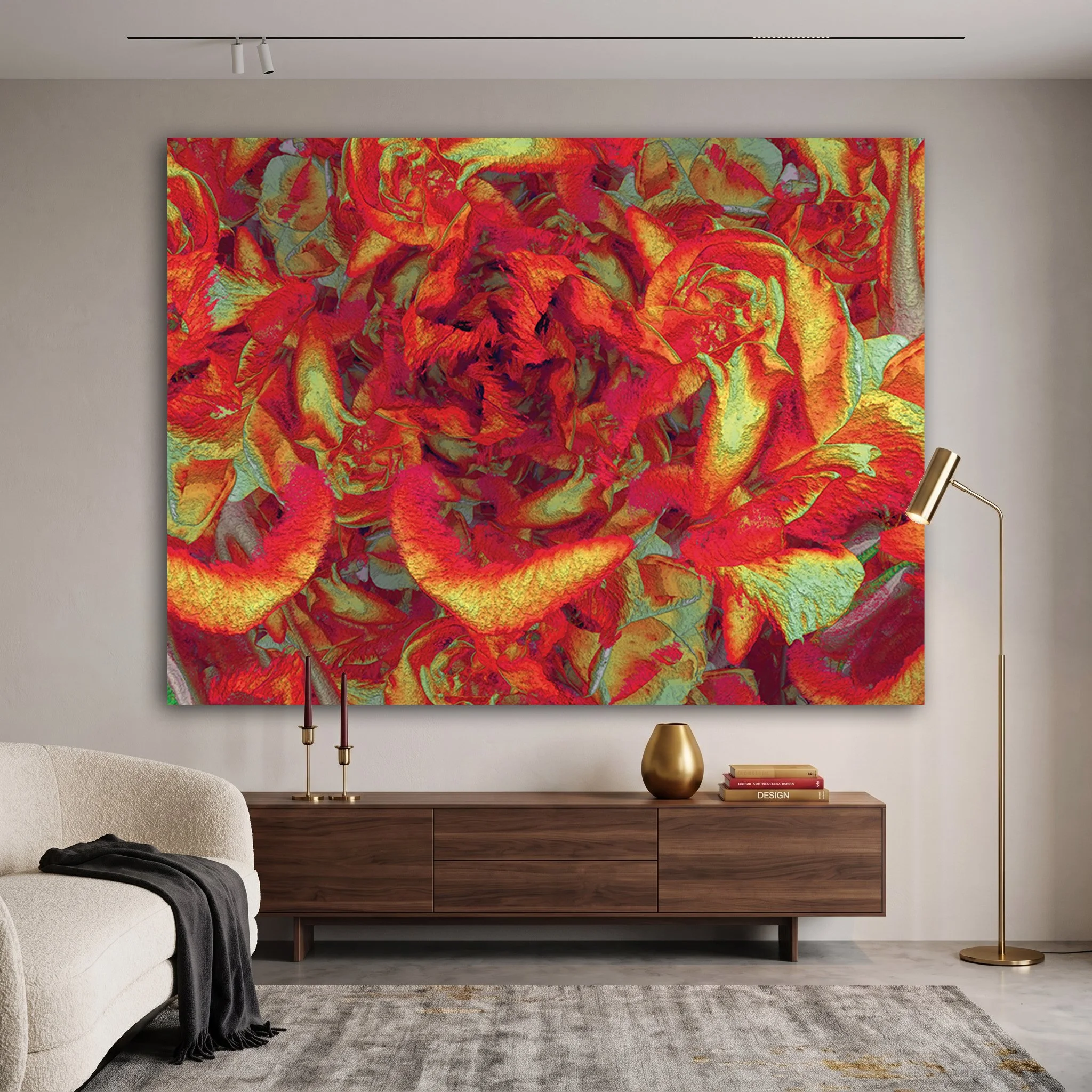 Large red and orange abstract painting above a wooden credenza in a modern living room with a gold floor lamp, a beige bouclé sofa, and a gray rug.