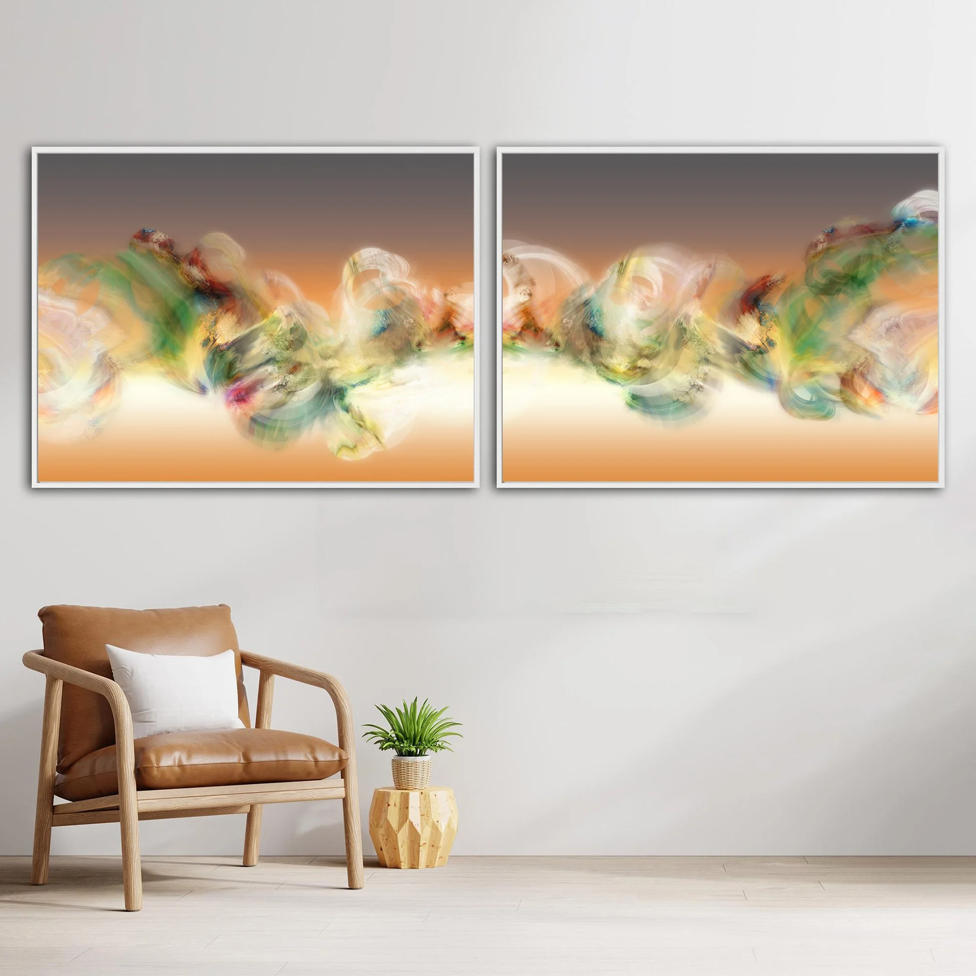 Abstract diptych with swirling smoke patterns and organic textures in green, cream, and ocher over a terracotta and grey background, framed and ready to hang. With chair