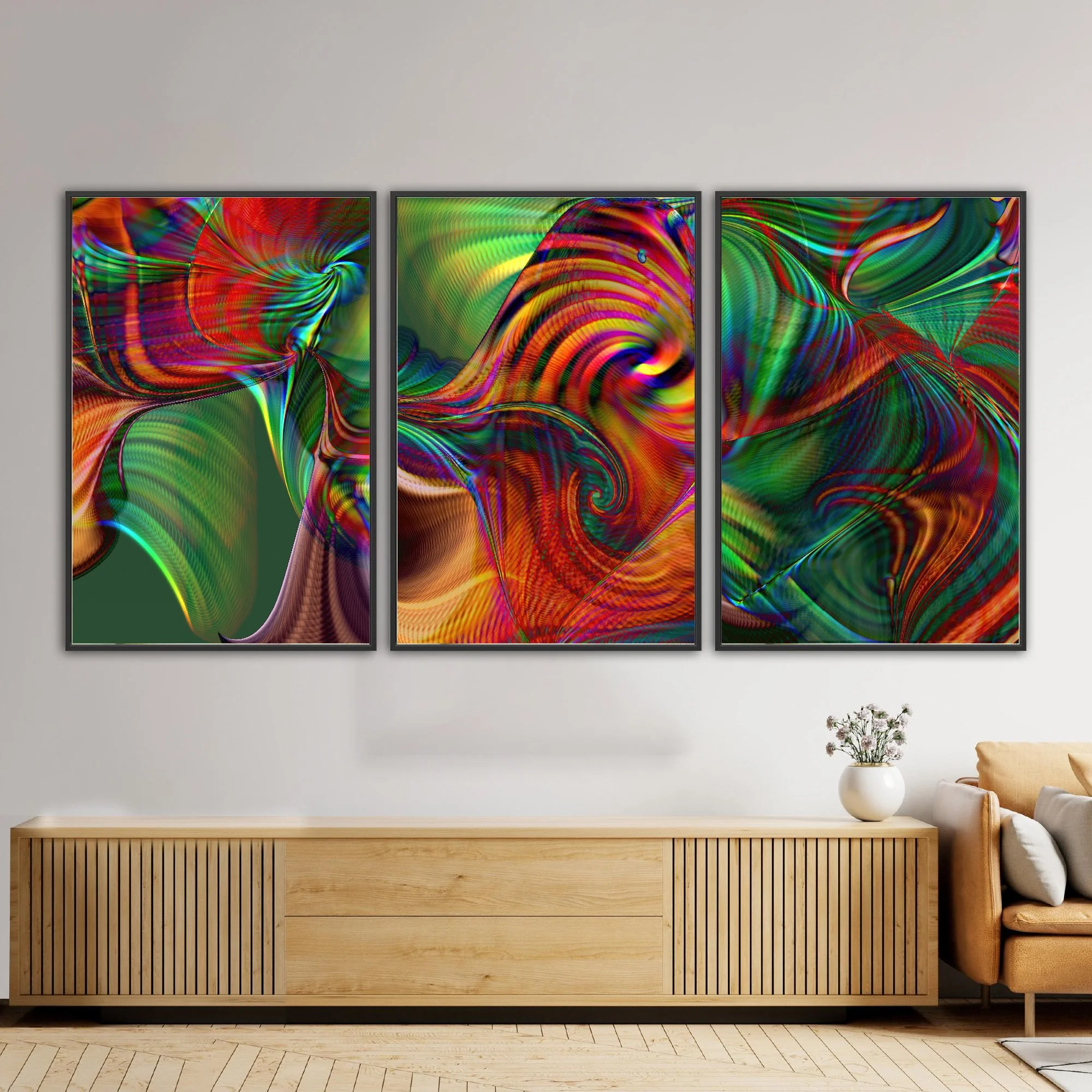 Abstract fine art triptych with swirling psychedelic spiral and fine wave lines in rainbow colors over a deep green background, framed and ready to hang. Over wooden console