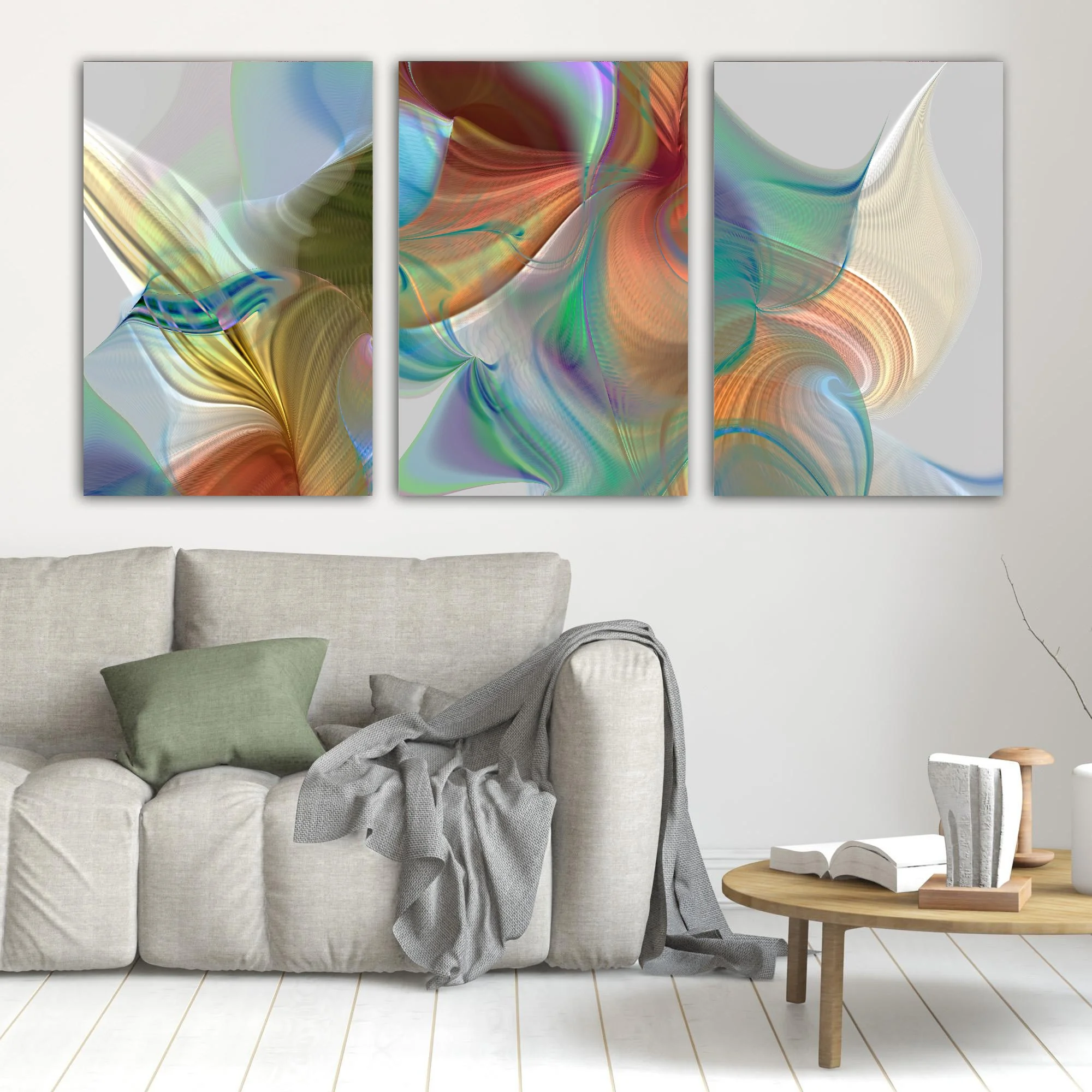 Abstract triptych with flowing organic shapes and wave line patterns in terracotta, old gold, and light blue tones over a gray background, framed and ready to hang. In living room
