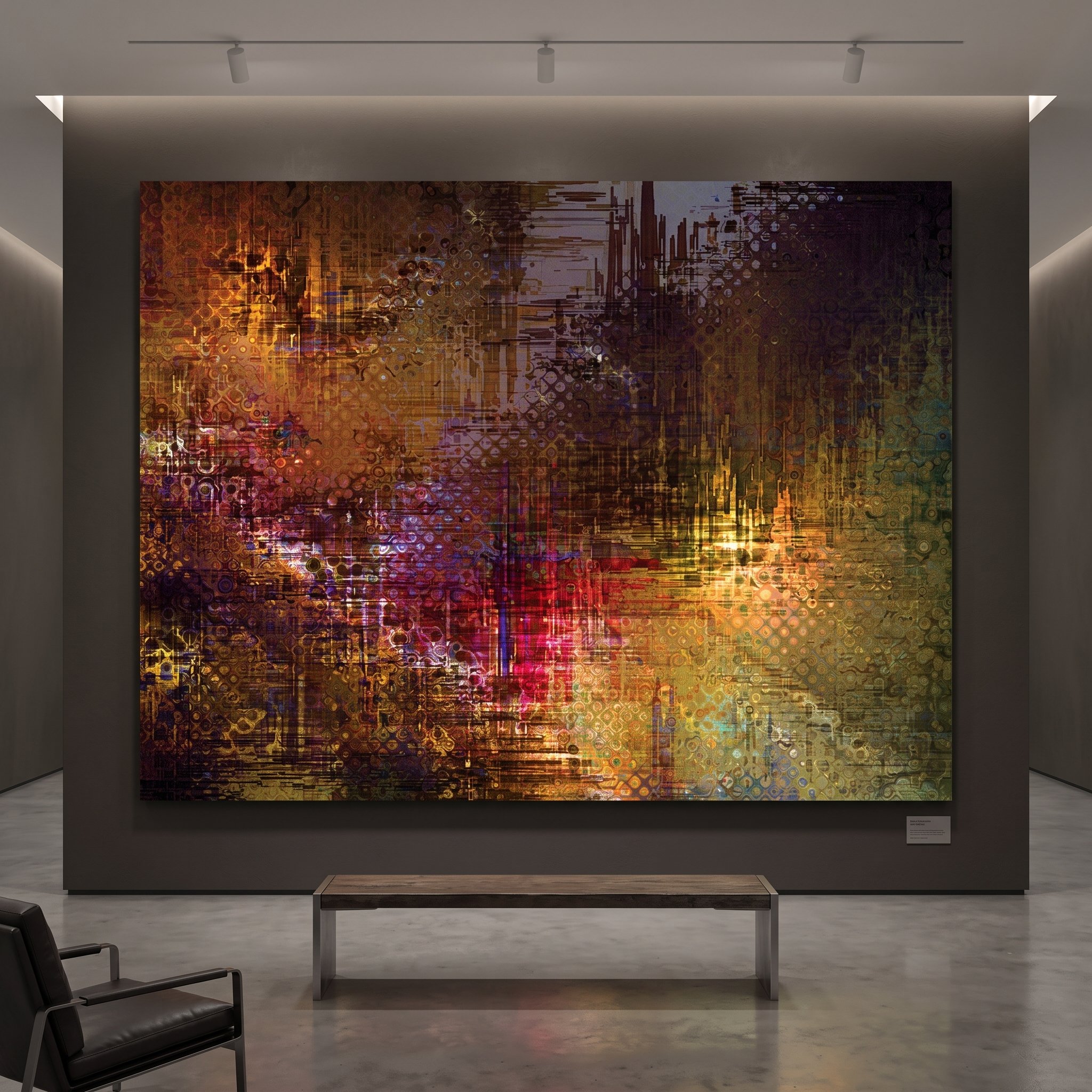Large abstract painting in golden and reddish tones displayed in an art gallery with dark walls, a minimalist bench, and track lighting.