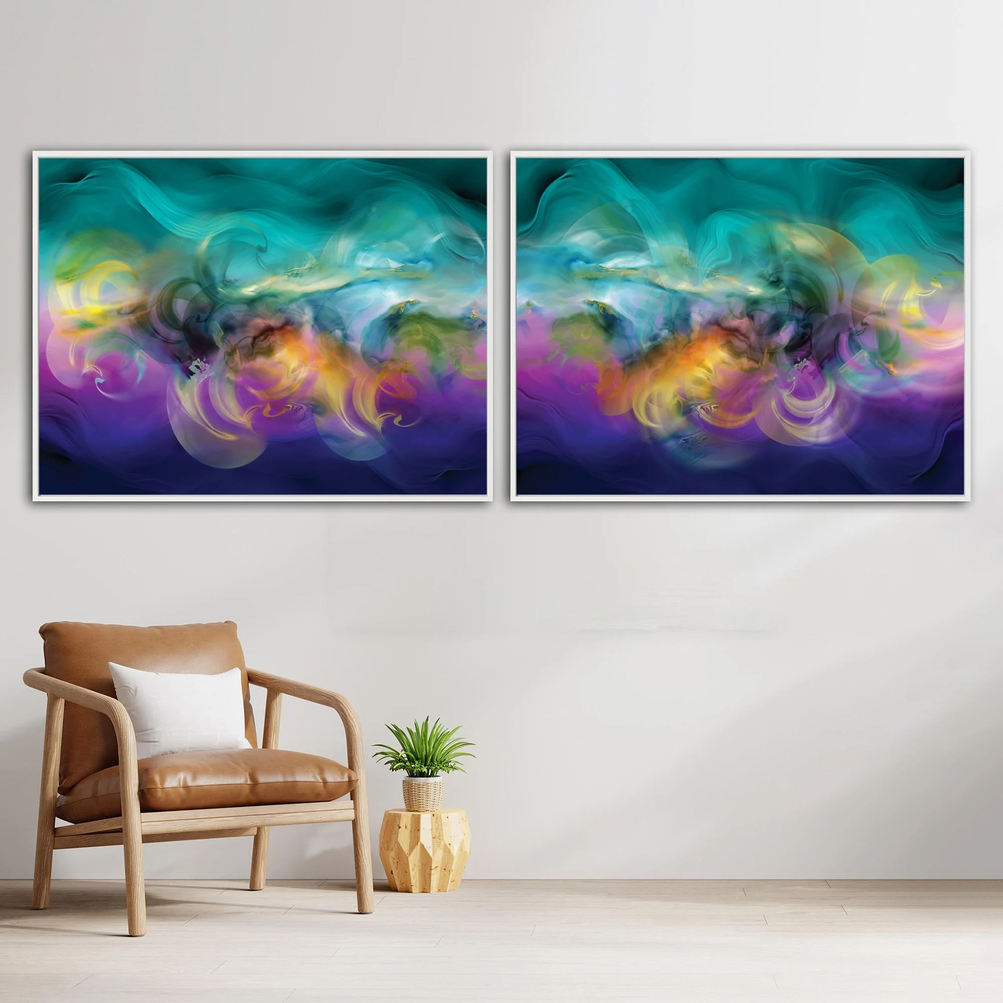 Abstract diptych with swirling fluid shapes and wave textures in teal, violet, and indigo blue, with glowing yellow and ocher center, framed and ready to hang. With chair