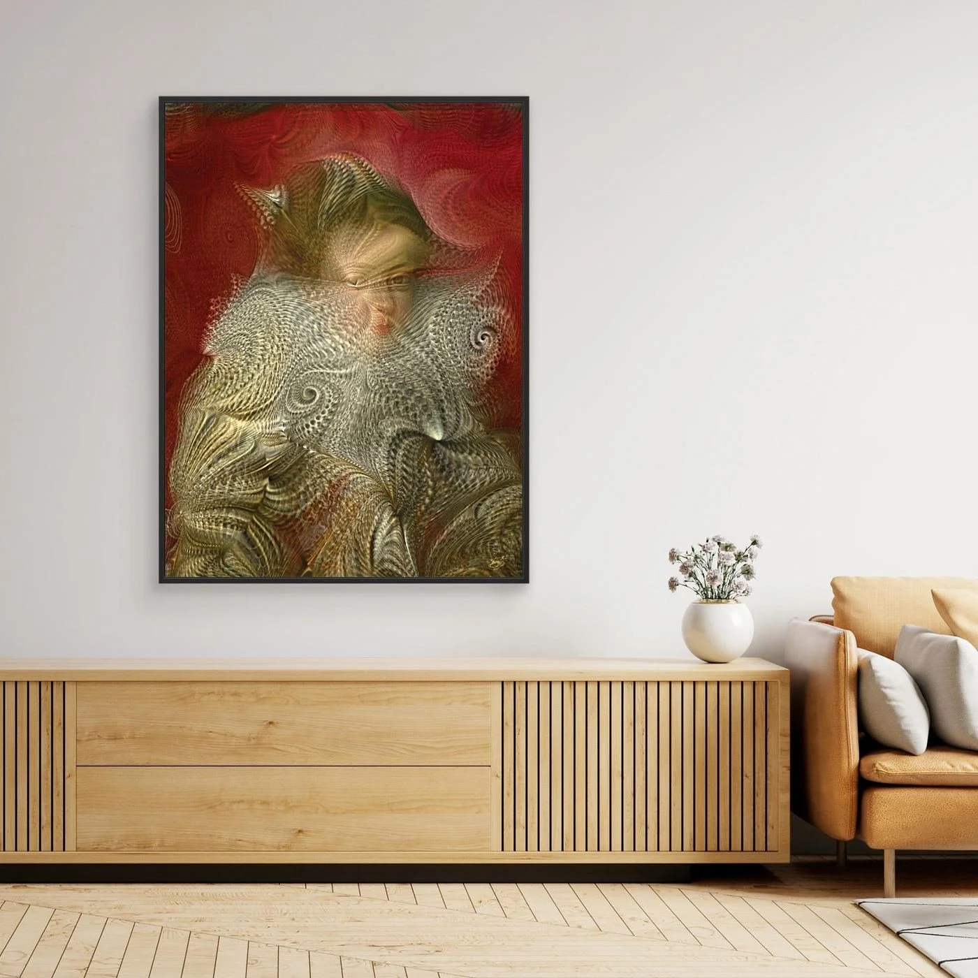 Contemporary fine art print of a deconstructed Renaissance portrait into complex spiral fractal patterns and textures against a crimson red background, framed and ready to hang. Over wooden console