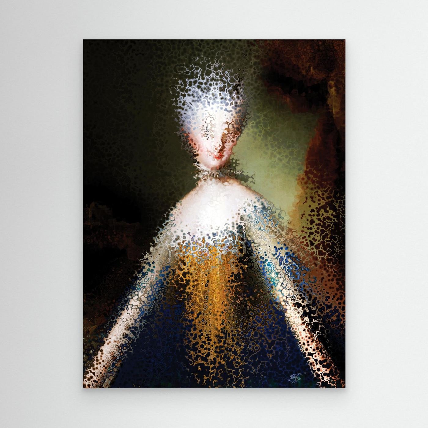 Contemporary fine art print showcasing a deconstructed classical royal portrait with complex fractal and cellular stipple patterns in gold and dark blue, framed and ready to hang.