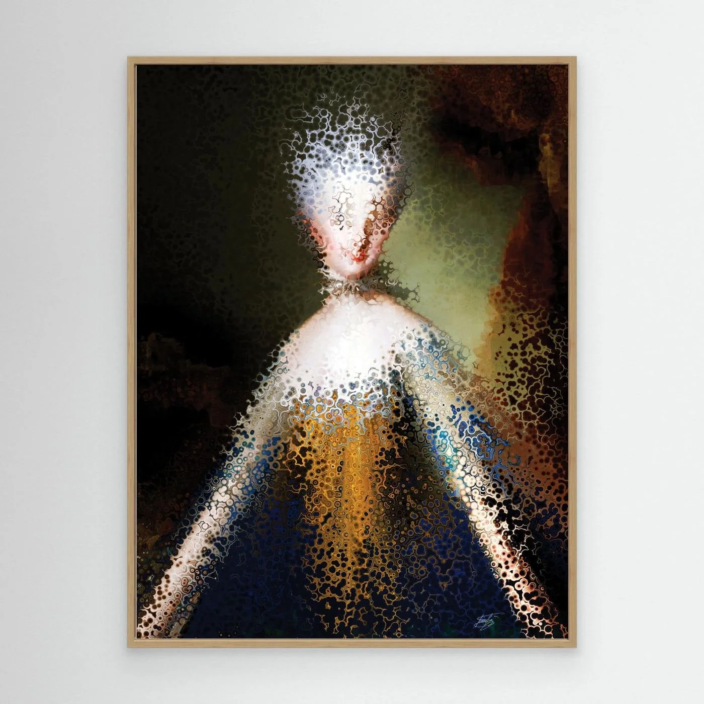 Contemporary fine art print showcasing a deconstructed classical royal portrait with complex fractal and cellular stipple patterns in gold and dark blue, framed and ready to hang. With wooden frame