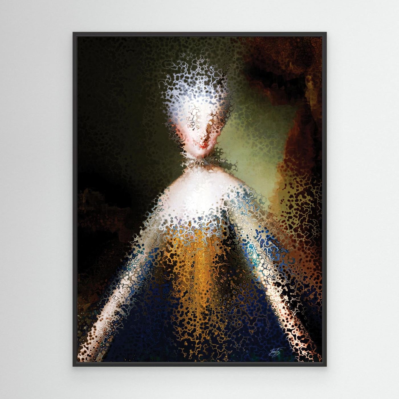 Contemporary fine art print showcasing a deconstructed classical royal portrait with complex fractal and cellular stipple patterns in gold and dark blue, framed and ready to hang. With black frame