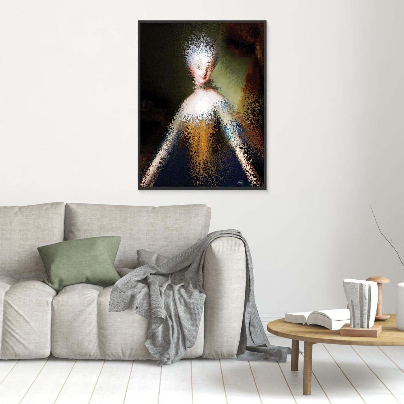 Contemporary fine art print showcasing a deconstructed classical royal portrait with complex fractal and cellular stipple patterns in gold and dark blue, framed and ready to hang. In living room
