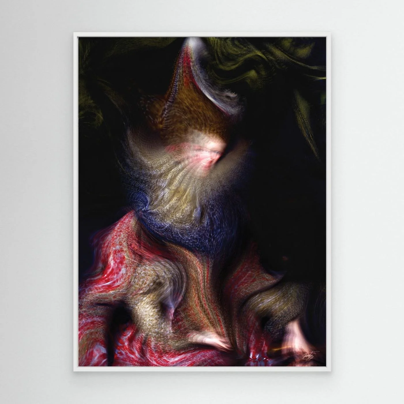 Contemporary fine art print of an abstract and surrealist deconstruction of a classical portrait, in crimson red, old gold, and navy blue, framed and ready to hang. With white frame