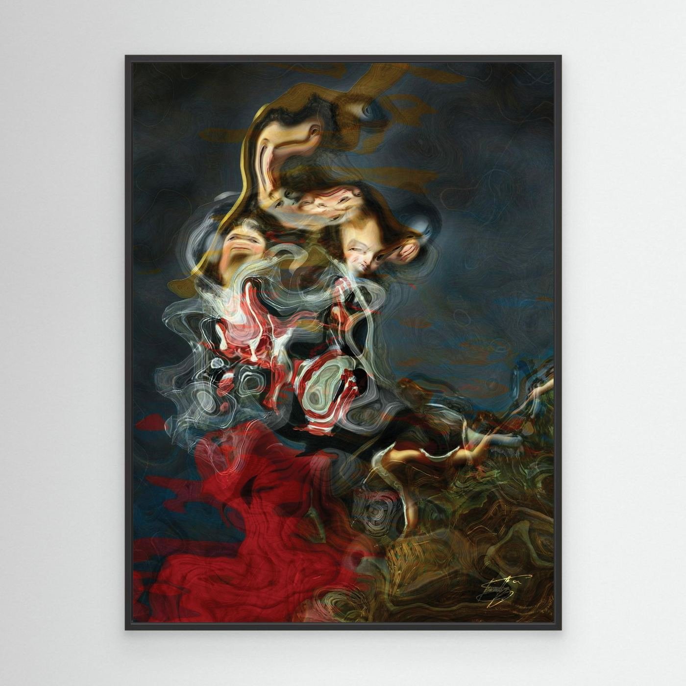 Contemporary fine art print of a surreal, liquid deconstruction of Baroque cherub figures with smoky textures and a crimson red and ocher color palette, framed and ready to hang. With black frame