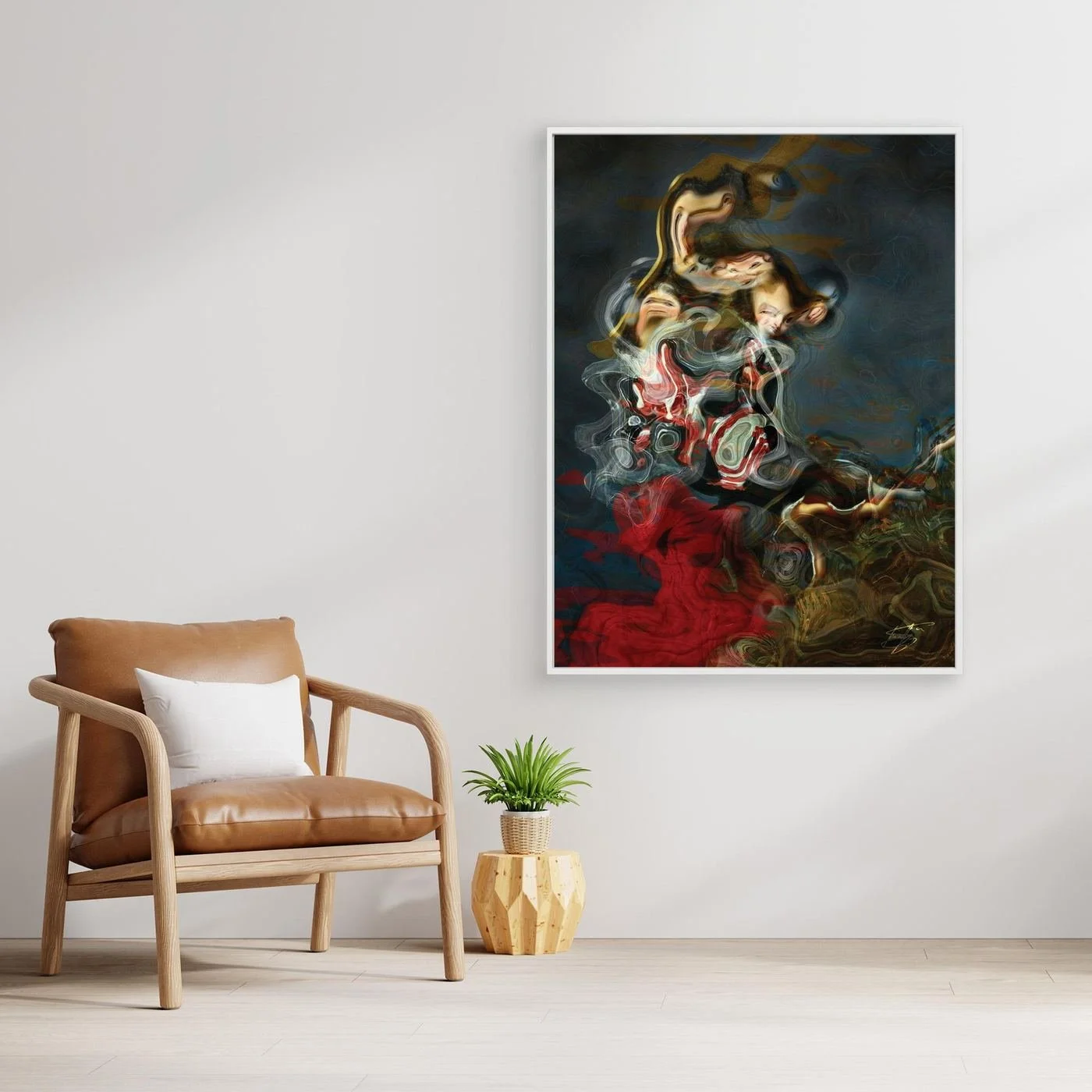 Contemporary fine art print of a surreal, liquid deconstruction of Baroque cherub figures with smoky textures and a crimson red and ocher color palette, framed and ready to hang. With chair