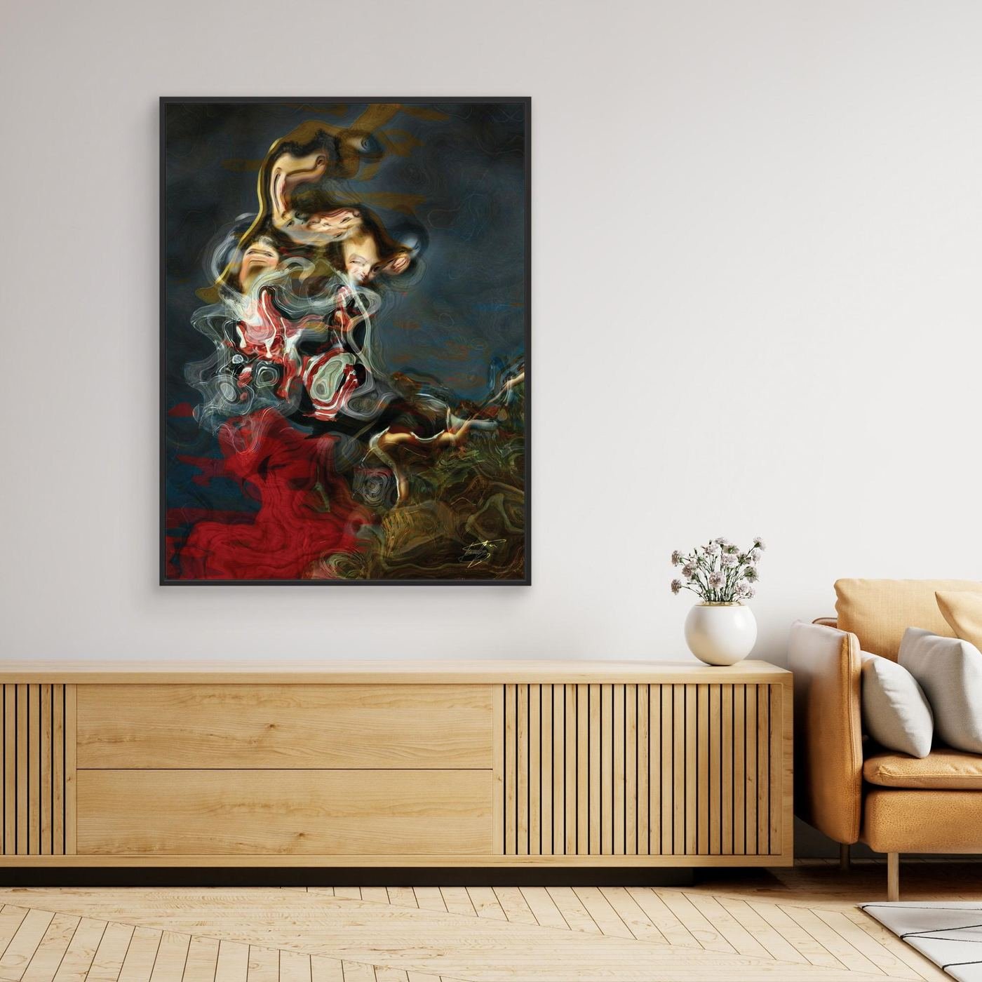 Contemporary fine art print of a surreal, liquid deconstruction of Baroque cherub figures with smoky textures and a crimson red and ocher color palette, framed and ready to hang. Over wooden frame