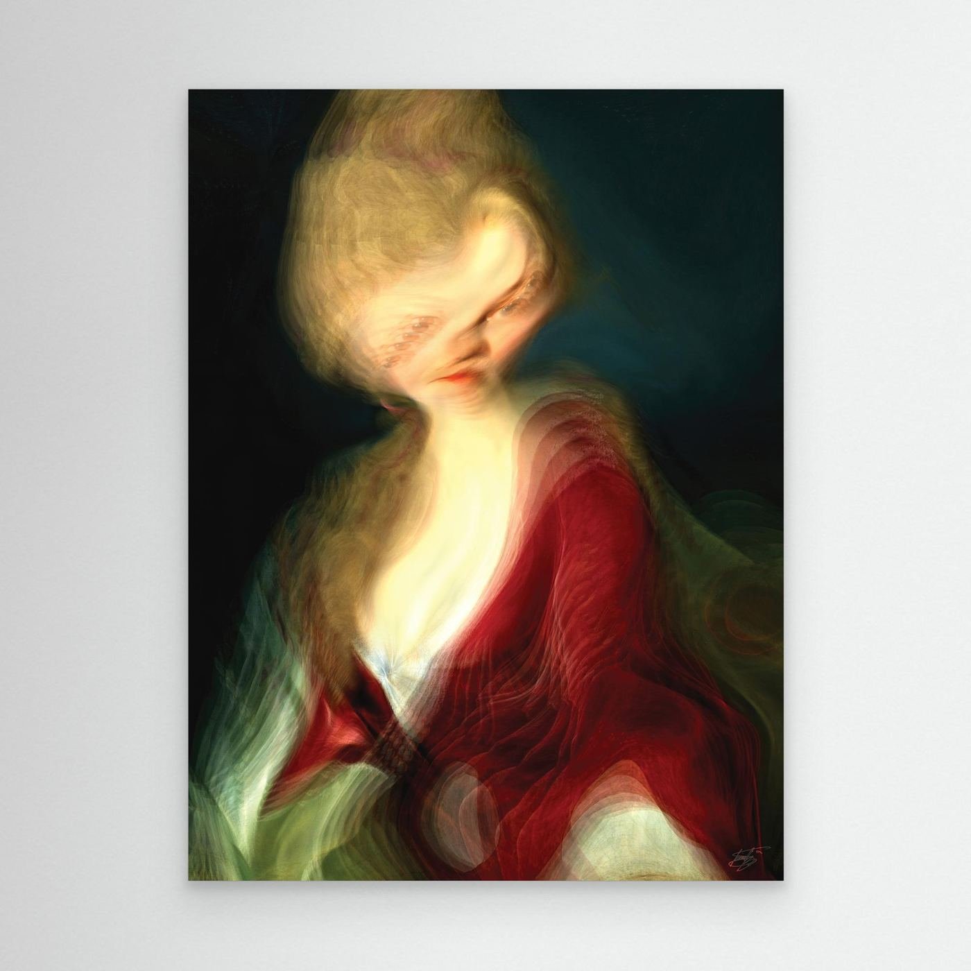 Contemporary fine art print of a surreal liquid deconstruction of a classical portrait with a towering blonde hairstyle and a flowing crimson red gown, framed and ready to hang.