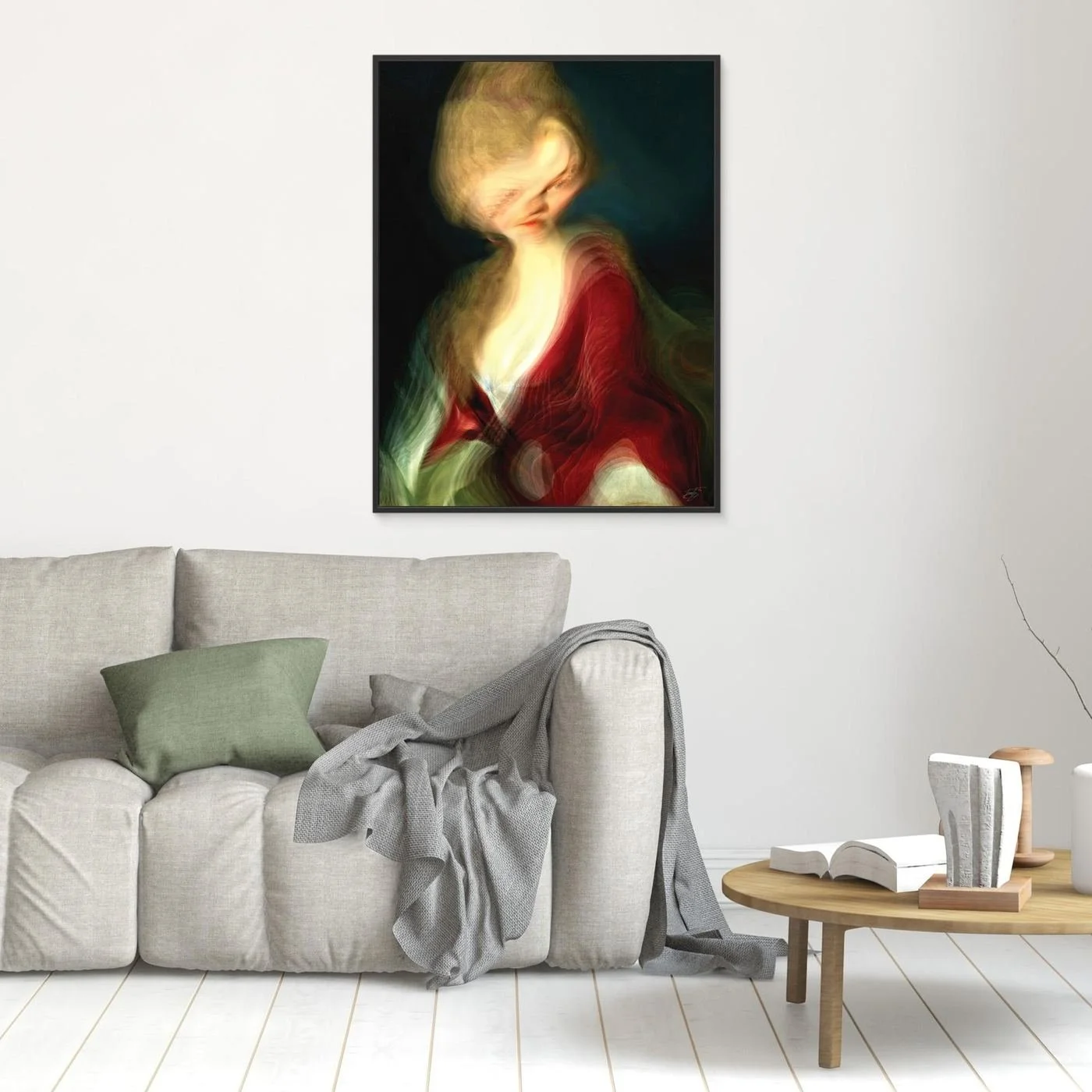 Contemporary fine art print of a surreal liquid deconstruction of a classical portrait with a towering blonde hairstyle and a flowing crimson red gown, framed and ready to hang. In living room