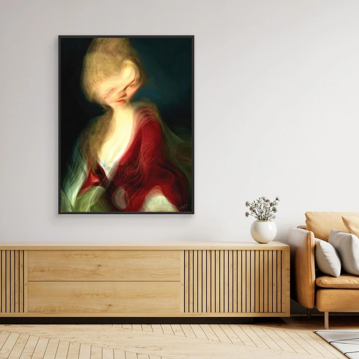 Contemporary fine art print of a surreal liquid deconstruction of a classical portrait with a towering blonde hairstyle and a flowing crimson red gown, framed and ready to hang. Over wooden console