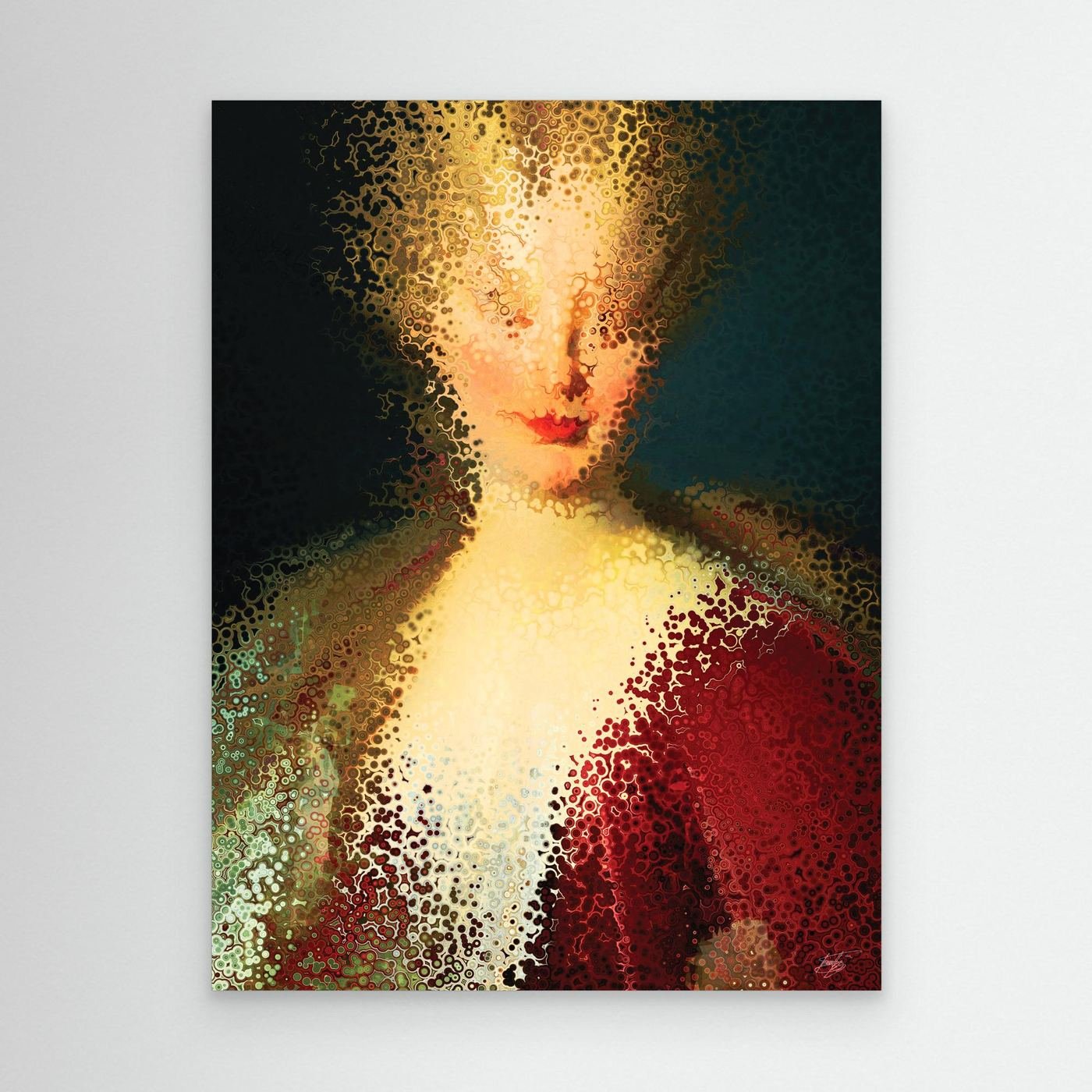 Contemporary fine art print of a deconstructed classical portrait of a woman dissolving into stipple textures in warm gold and deep crimson red, framed and ready to hang.