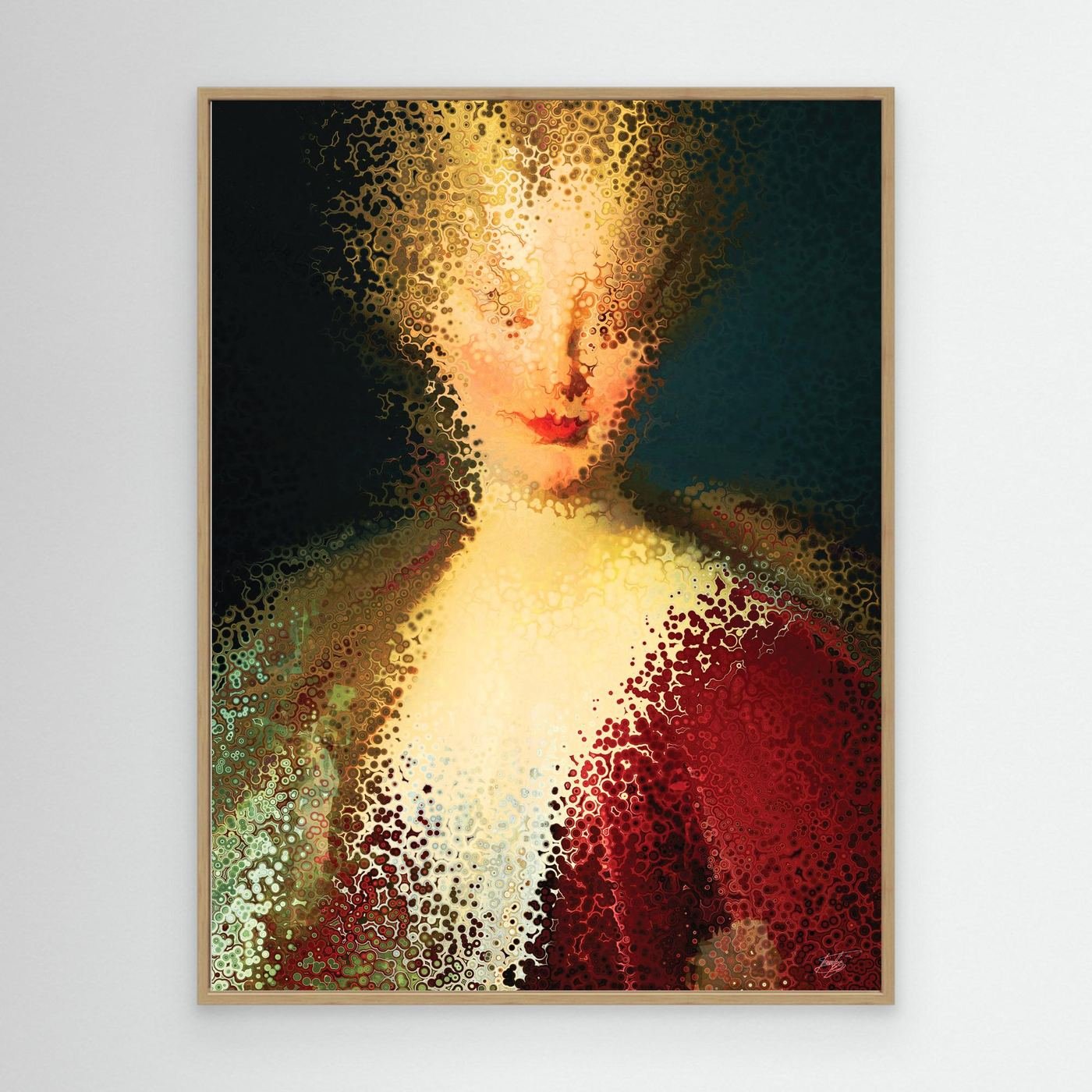 Contemporary fine art print of a deconstructed classical portrait of a woman dissolving into stipple textures in warm gold and deep crimson red, framed and ready to hang. With wooden frame