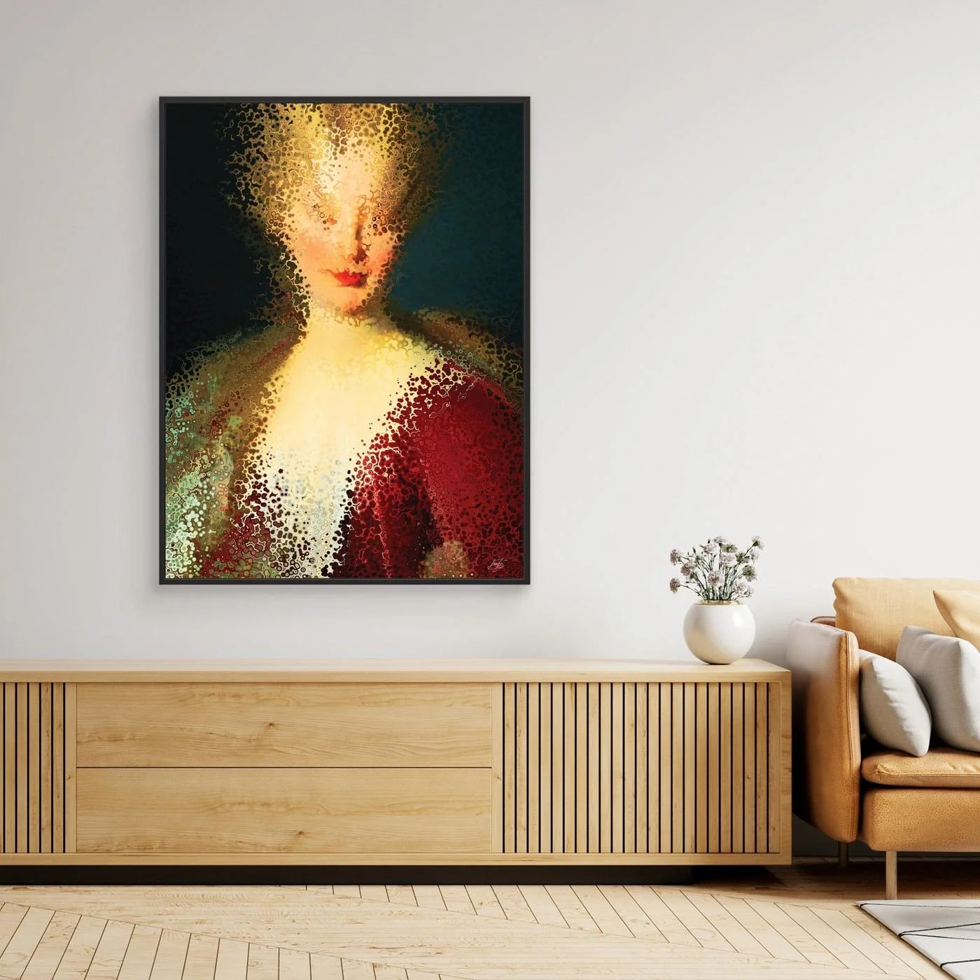 Contemporary fine art print of a deconstructed classical portrait of a woman dissolving into stipple textures in warm gold and deep crimson red, framed and ready to hang. Over wooden console