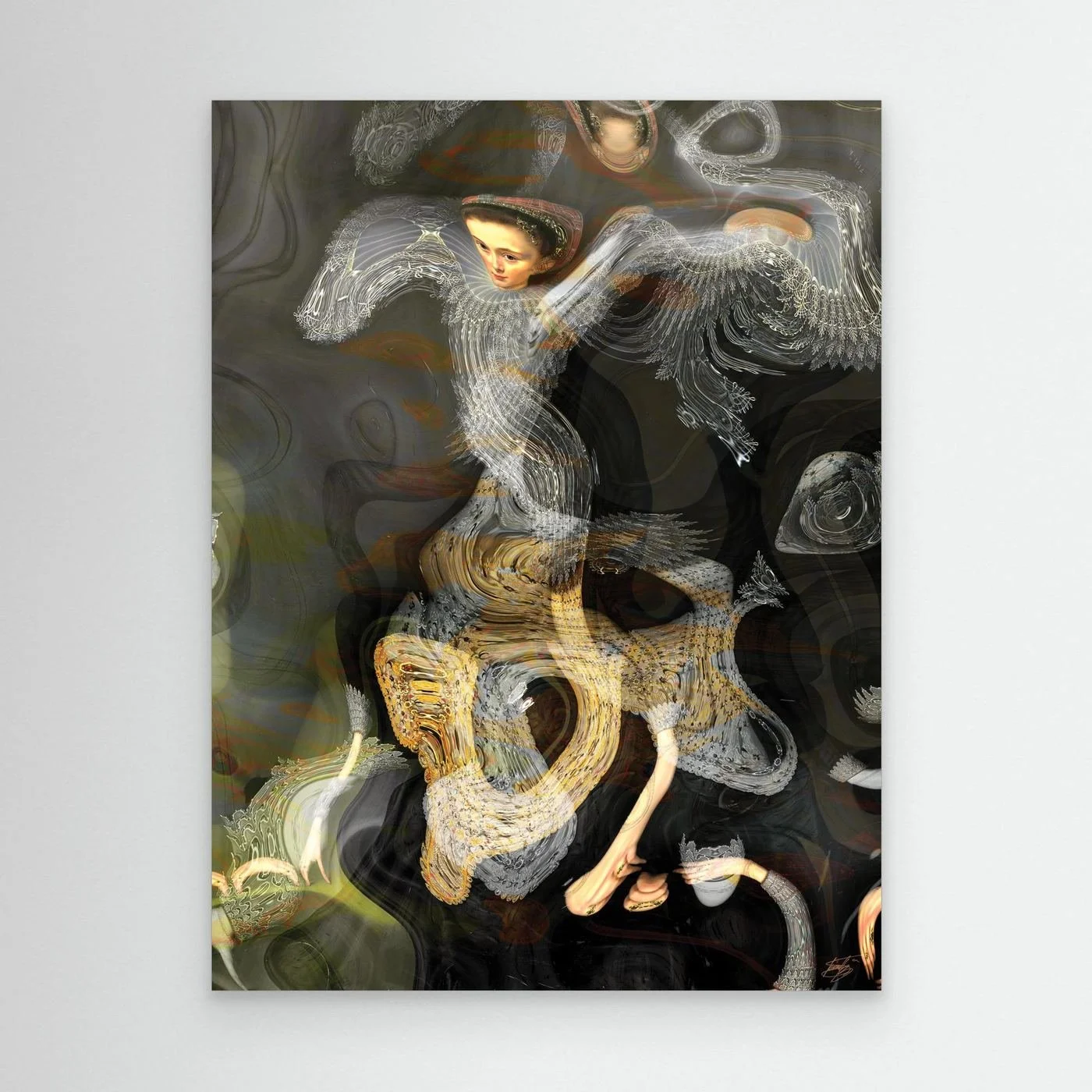Contemporary fine art print of a surreal, liquid deconstruction of a classical Renaissance portrait with fractal lace textures on smoky background, framed and ready to hang.