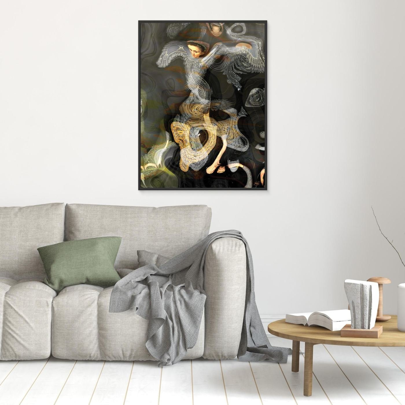 Contemporary fine art print of a surreal, liquid deconstruction of a classical Renaissance portrait with fractal lace textures on smoky background, framed and ready to hang. In living room