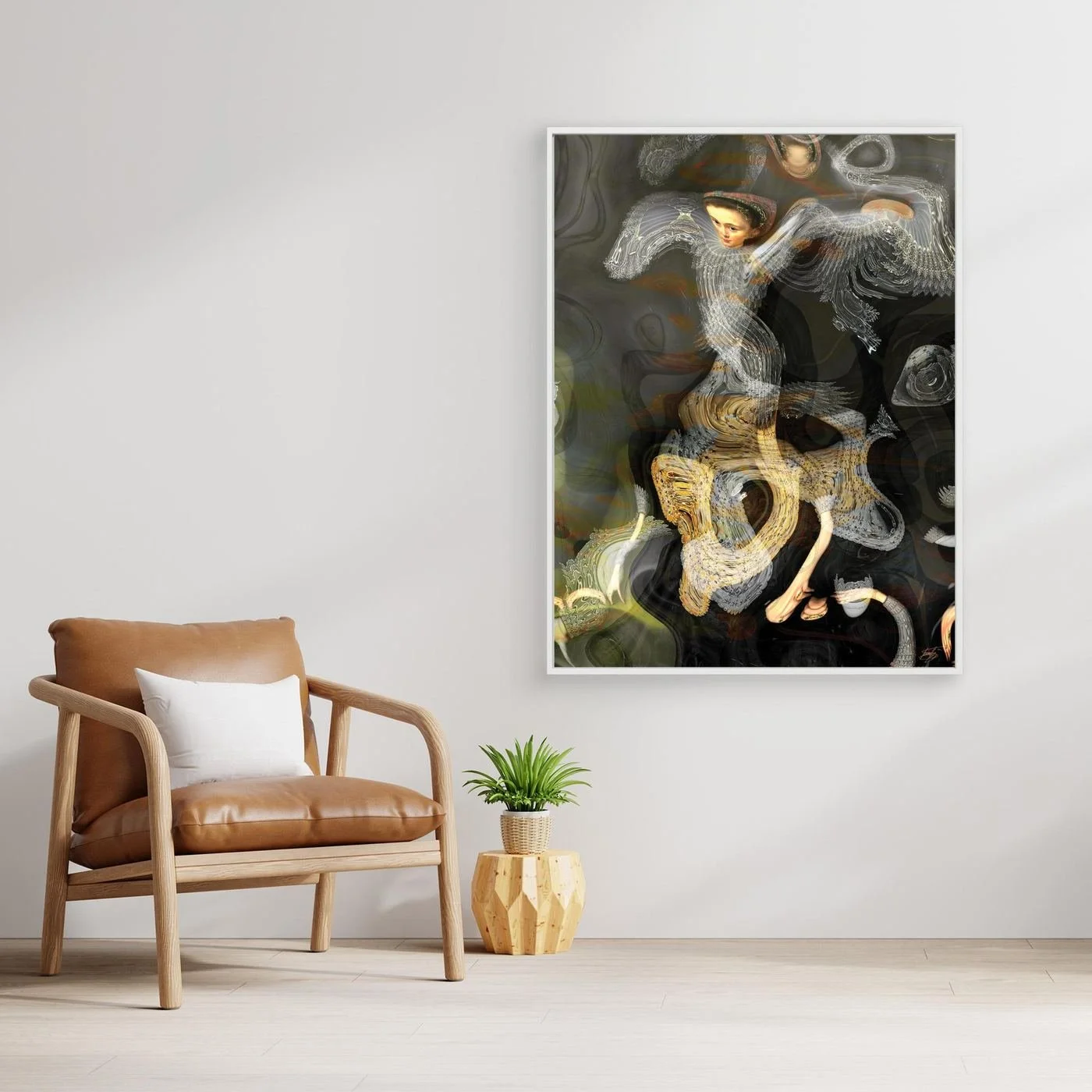 Contemporary fine art print of a surreal, liquid deconstruction of a classical Renaissance portrait with fractal lace textures on smoky background, framed and ready to hang. With chair