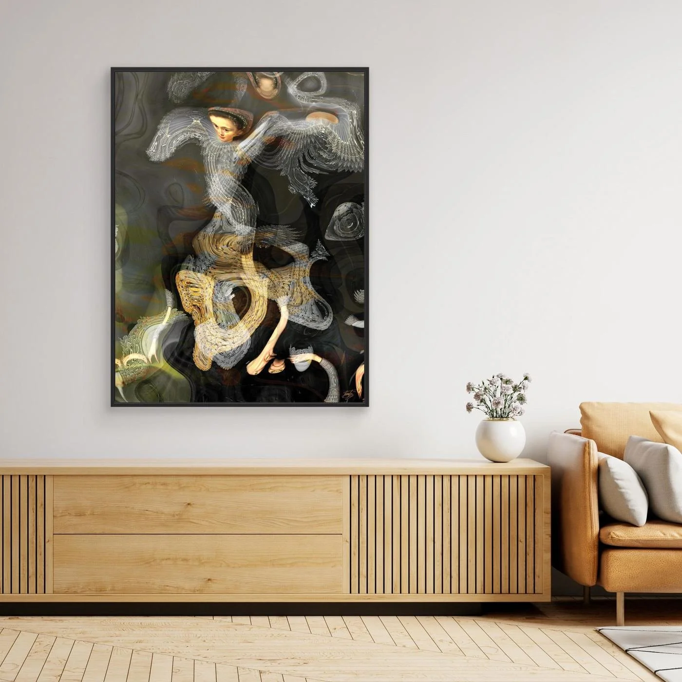 Contemporary fine art print of a surreal, liquid deconstruction of a classical Renaissance portrait with fractal lace textures on smoky background, framed and ready to hang. Over wooden console