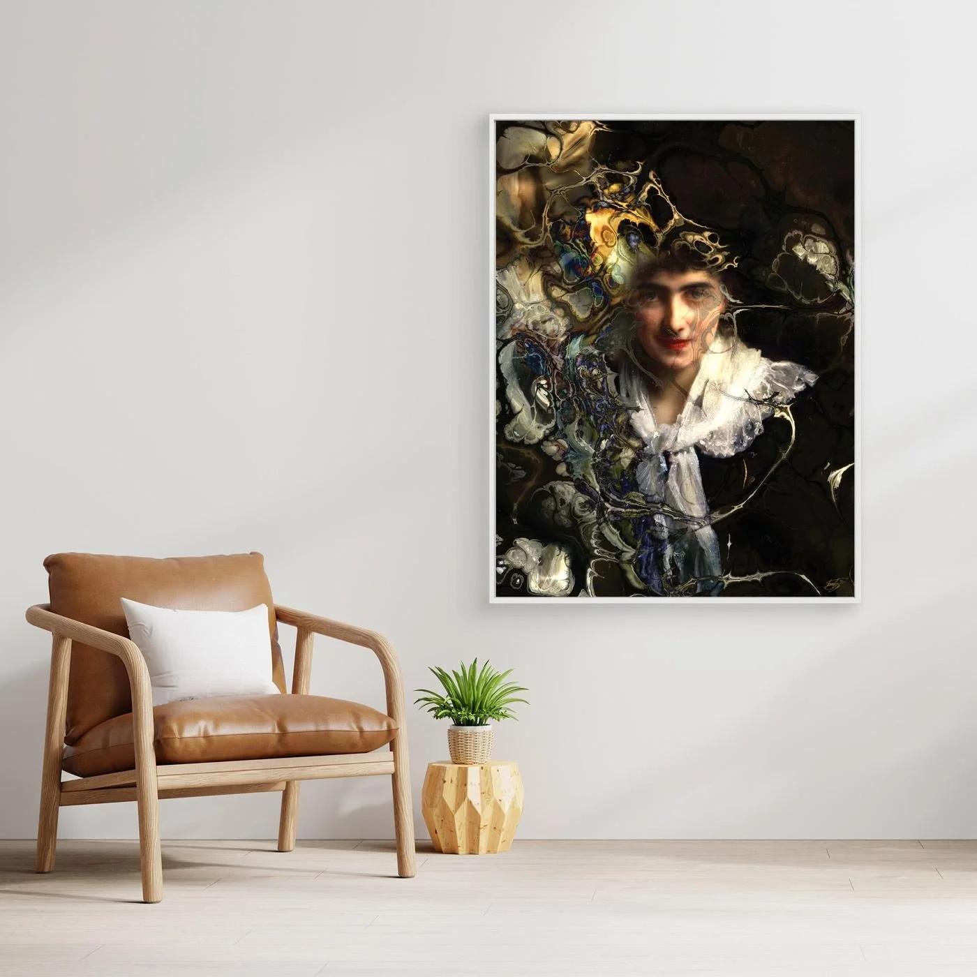Contemporary fine art print with a classical vintage portrait of a woman with complex fluid marble textures, fractal patterns, and a dark moody background, framed and ready to hang. With chair