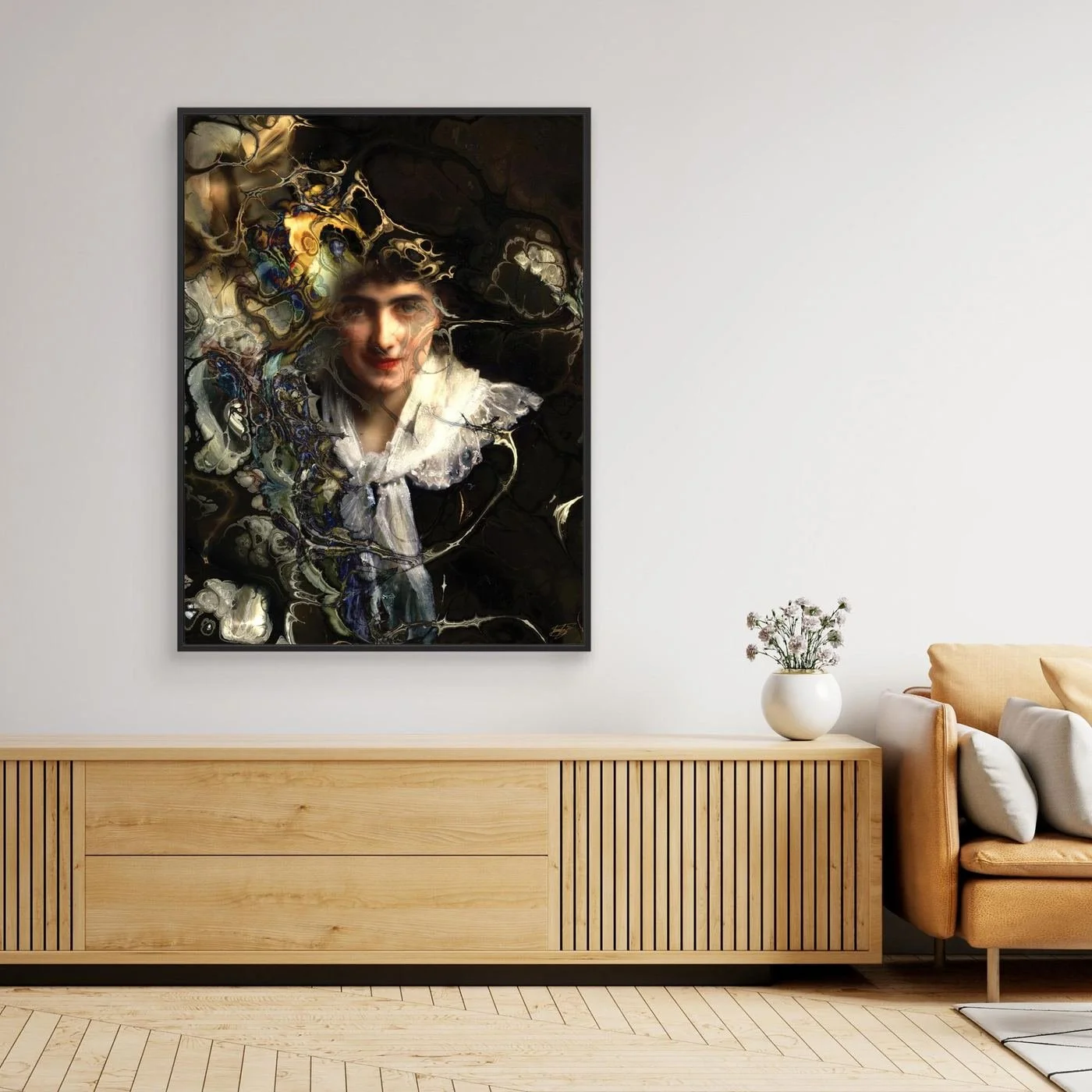 Contemporary fine art print with a classical vintage portrait of a woman with complex fluid marble textures, fractal patterns, and a dark moody background, framed and ready to hang. Over console