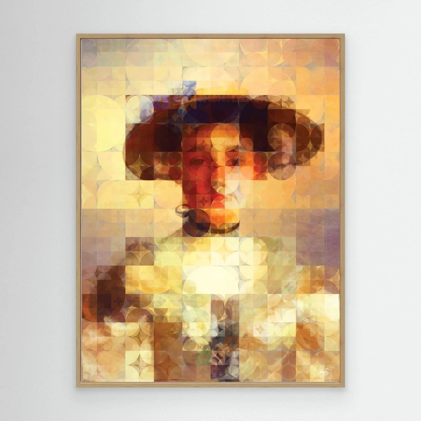 Contemporary fine art print of a classical portrait of a lady with hat, on a geometric grid of circular patterns in bright gold, cream, and beige tones, framed and ready to hang. With wooden frame
