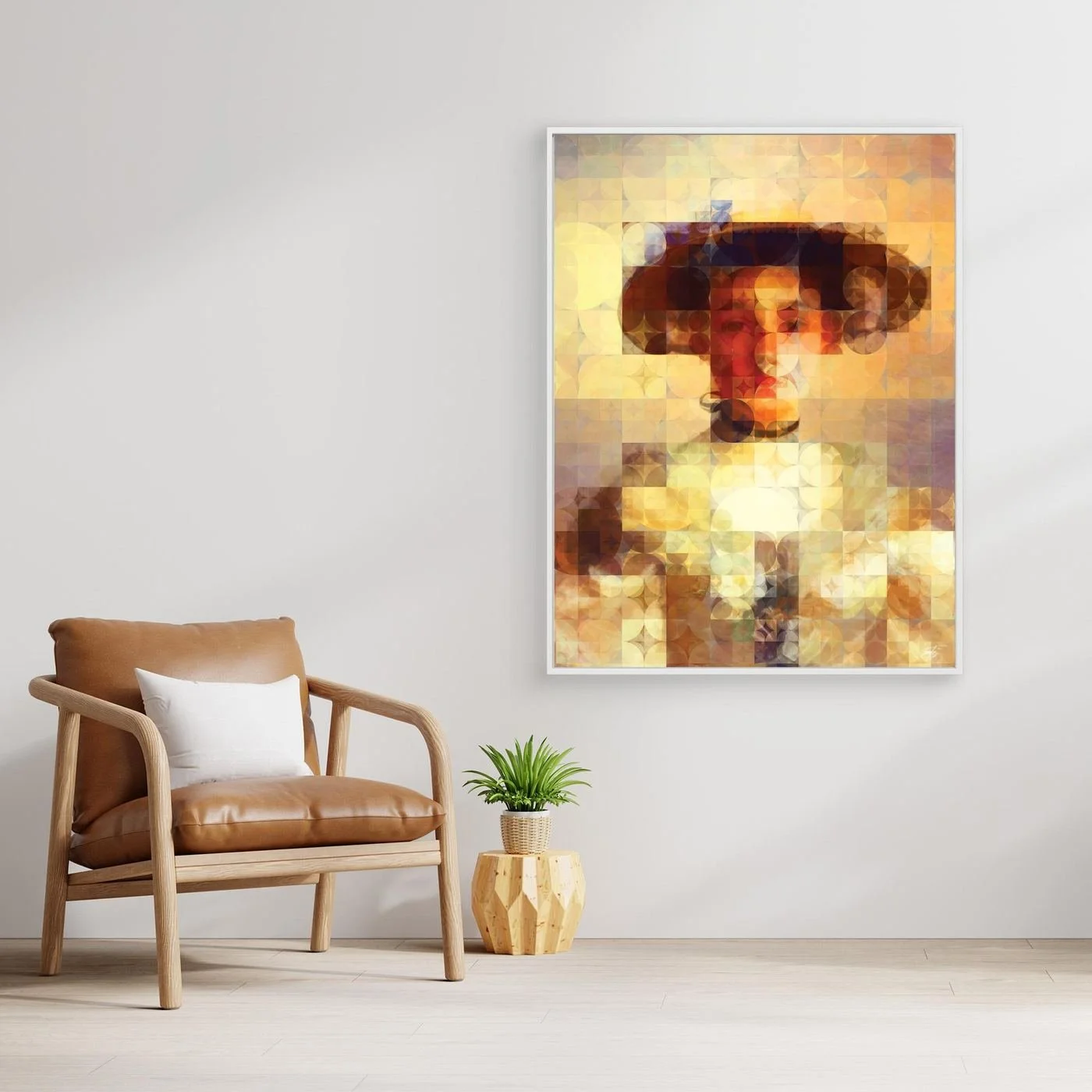 Contemporary fine art print of a classical portrait of a lady with hat, on a geometric grid of circular patterns in bright gold, cream, and beige tones, framed and ready to hang. With chair