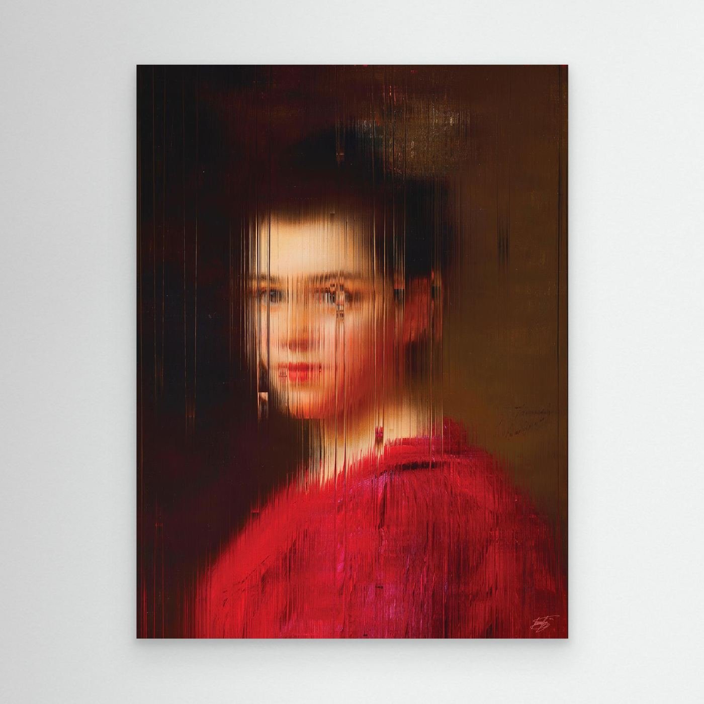Contemporary fine art print of a classical vintage portrait of a woman in a vibrant red dress, deconstructed through fine vertical digital glitch on dark background, framed and ready to hang.