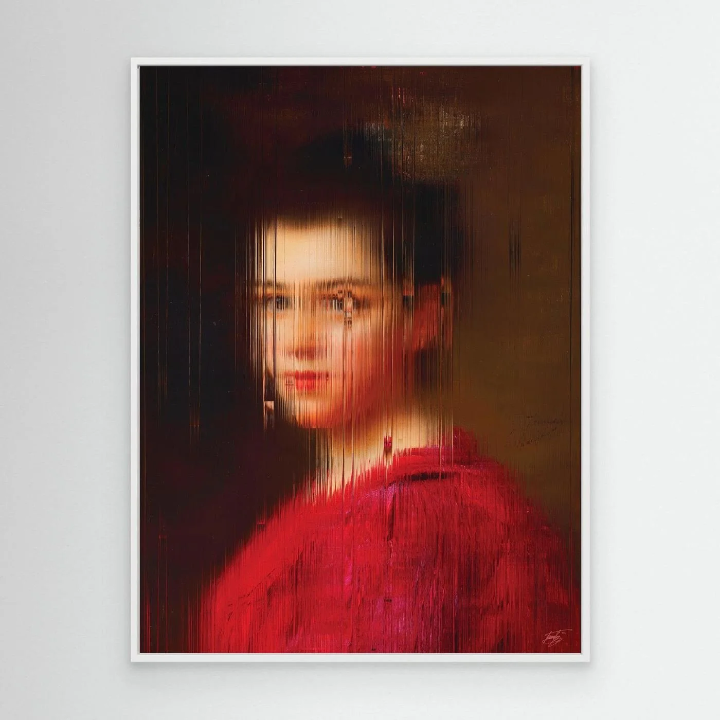 Contemporary fine art print of a classical portrait of a woman in a red dress, deconstructed through fine vertical digital glitch on dark background, framed and ready to hang. With white frame